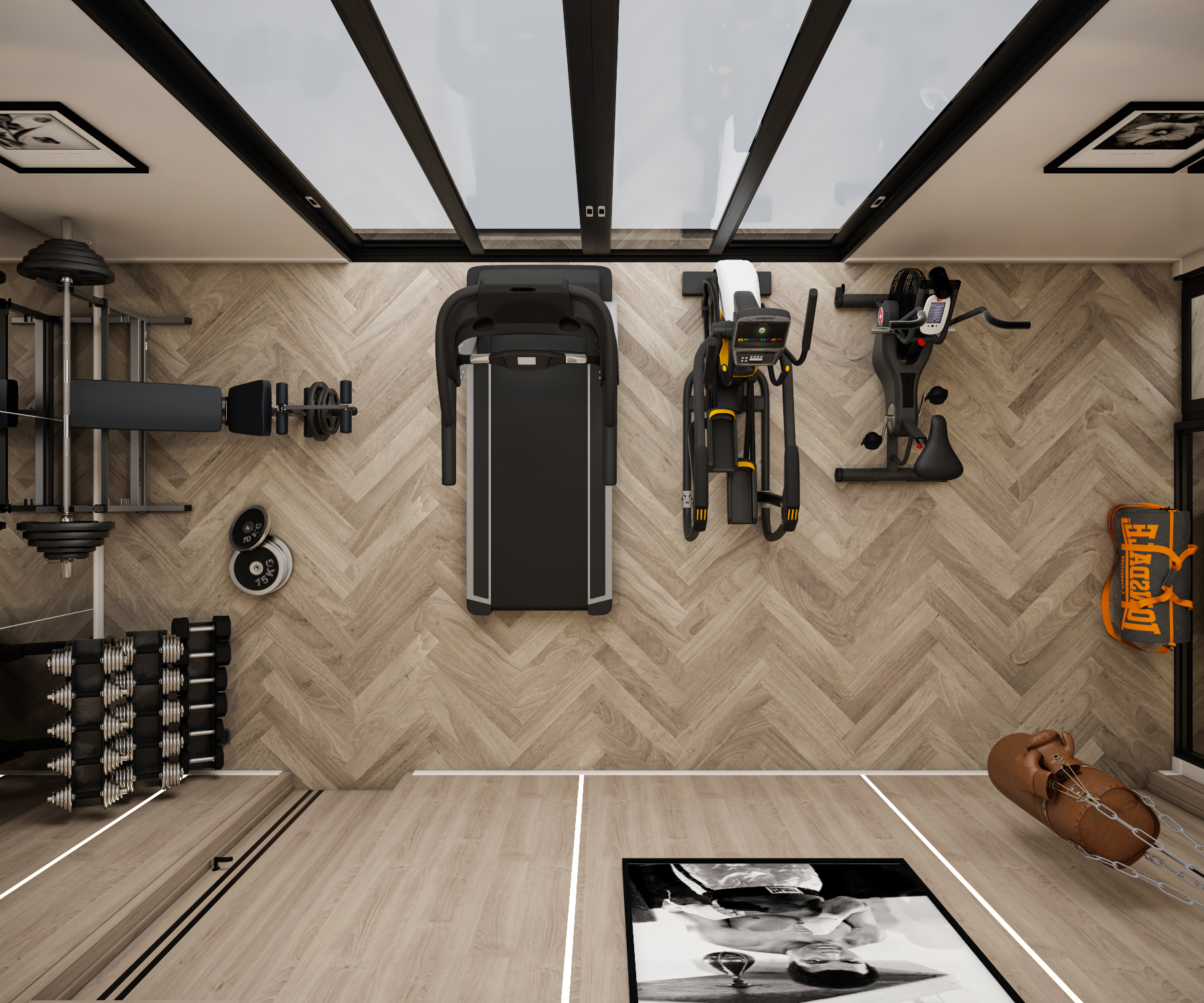 منظور علوي يوضح التوزيع الهندسي الذكي لمعدات الجيم المنزلي وتصميم أرضية الهيرينجبون