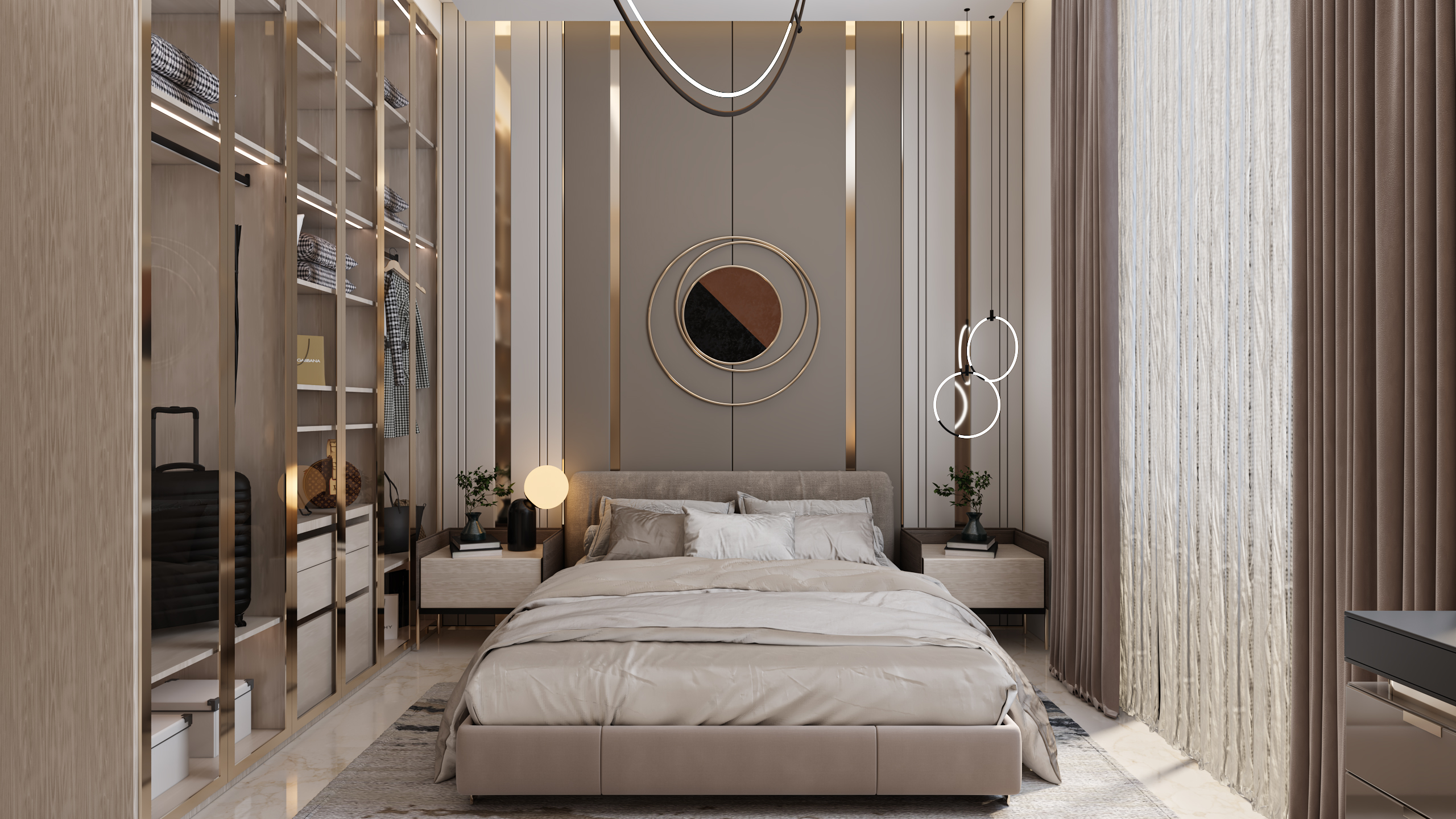 تصميم غرفة نوم مودرن بألوان نيود وتكسيات جدران خشبية مع إضاءة دائرية من إيماج جروب