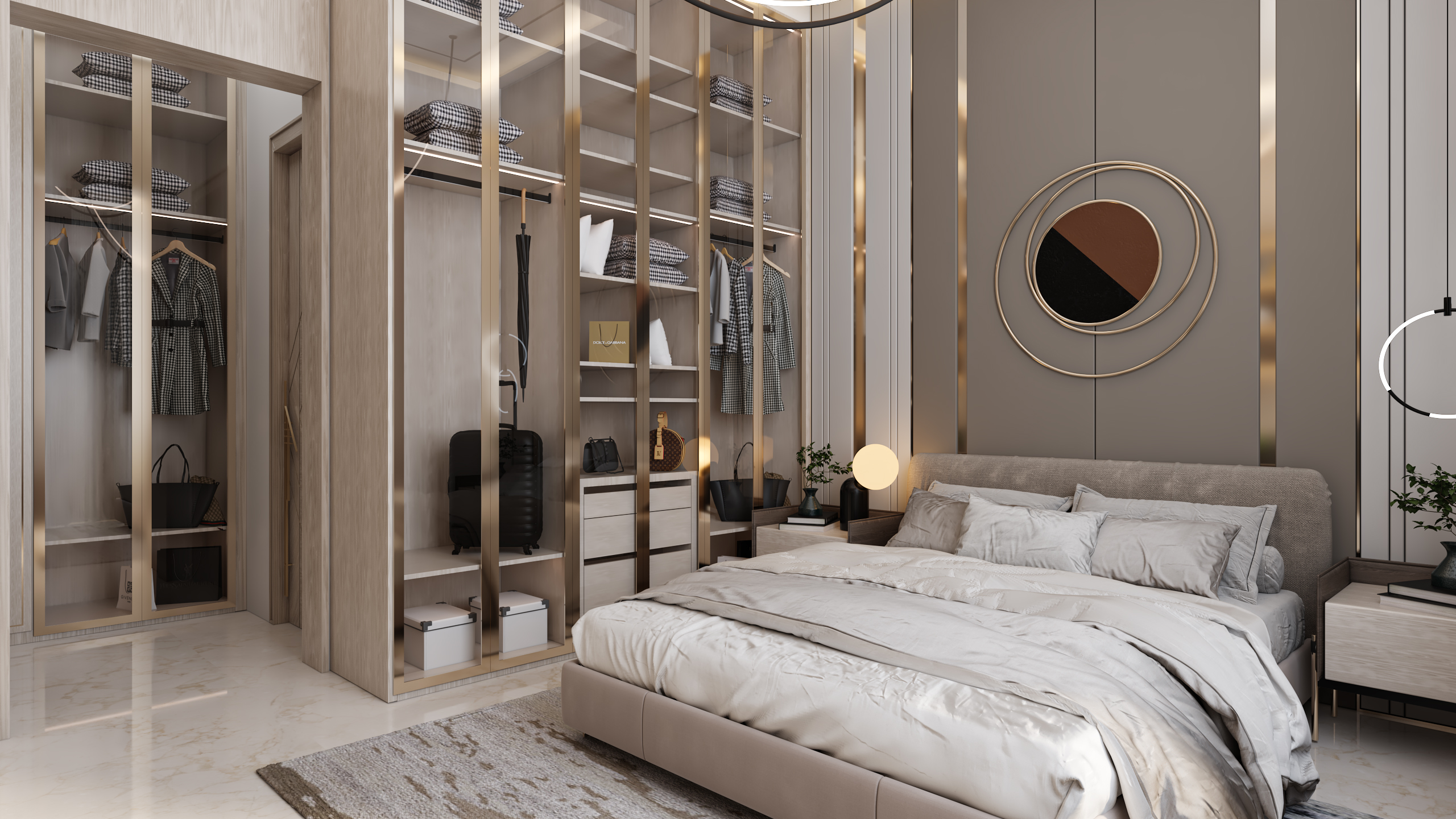 تصميم خزائن ملابس زجاجية شفافة بإضاءة داخلية ومرايا لغرف النوم الفاخرة من إيماج جروب
