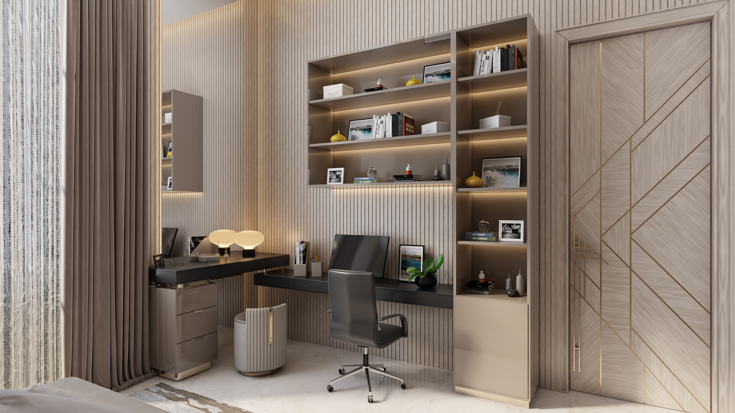 تفاصيل تكسيات الخشب وتصميم الأبواب المودرن مع ركن العمل في غرف النوم من إيماج جروب