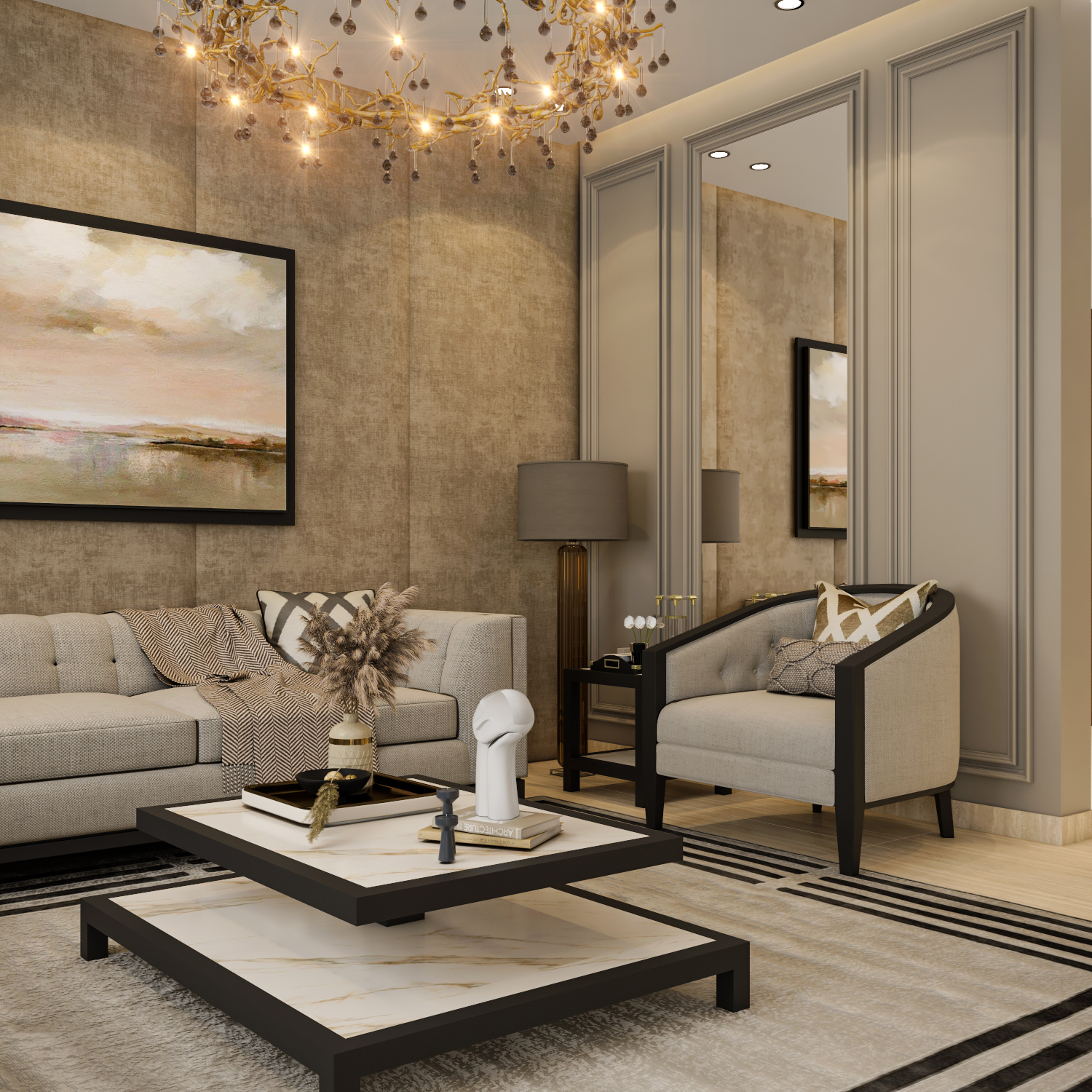 ركن قراءة مودرن مع مرايا طولية وتفاصيل بانوهات الجدران الكلاسيكية تنفيذ إيماج جروب