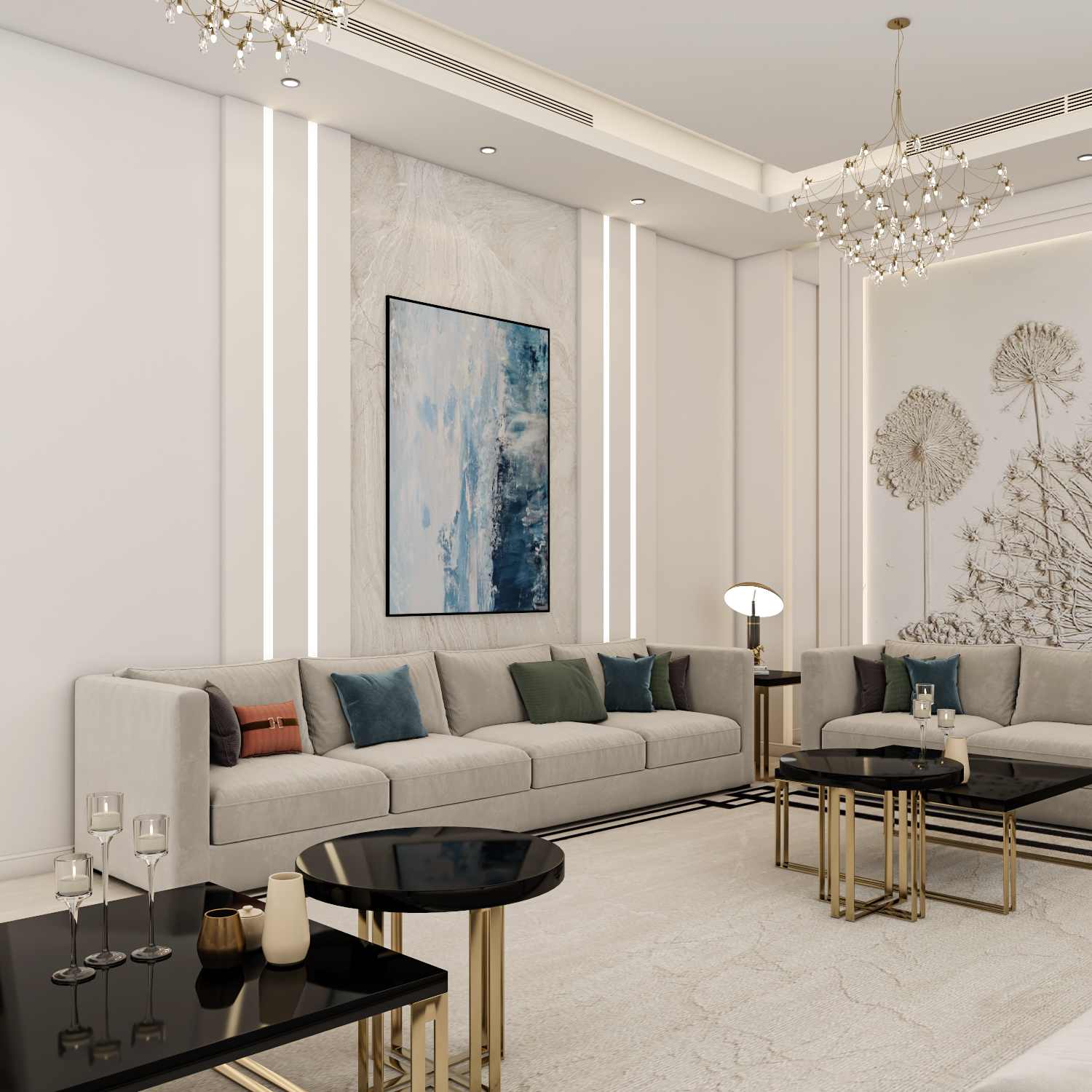 ديكور جدران مجلس فخم بنقوش زهور بارزة ولوحة تجريدية زرقاء بتوقيع إيماج جروب