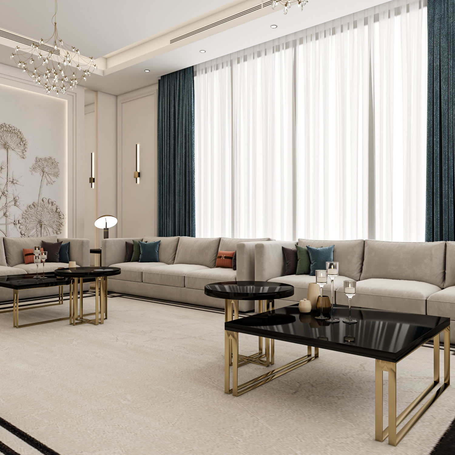 تصميم ستائر مجلس ضيوف مودرن مع تنسيق ألوان الوسائد الزرقاء والبرتقالية من إيماج جروب