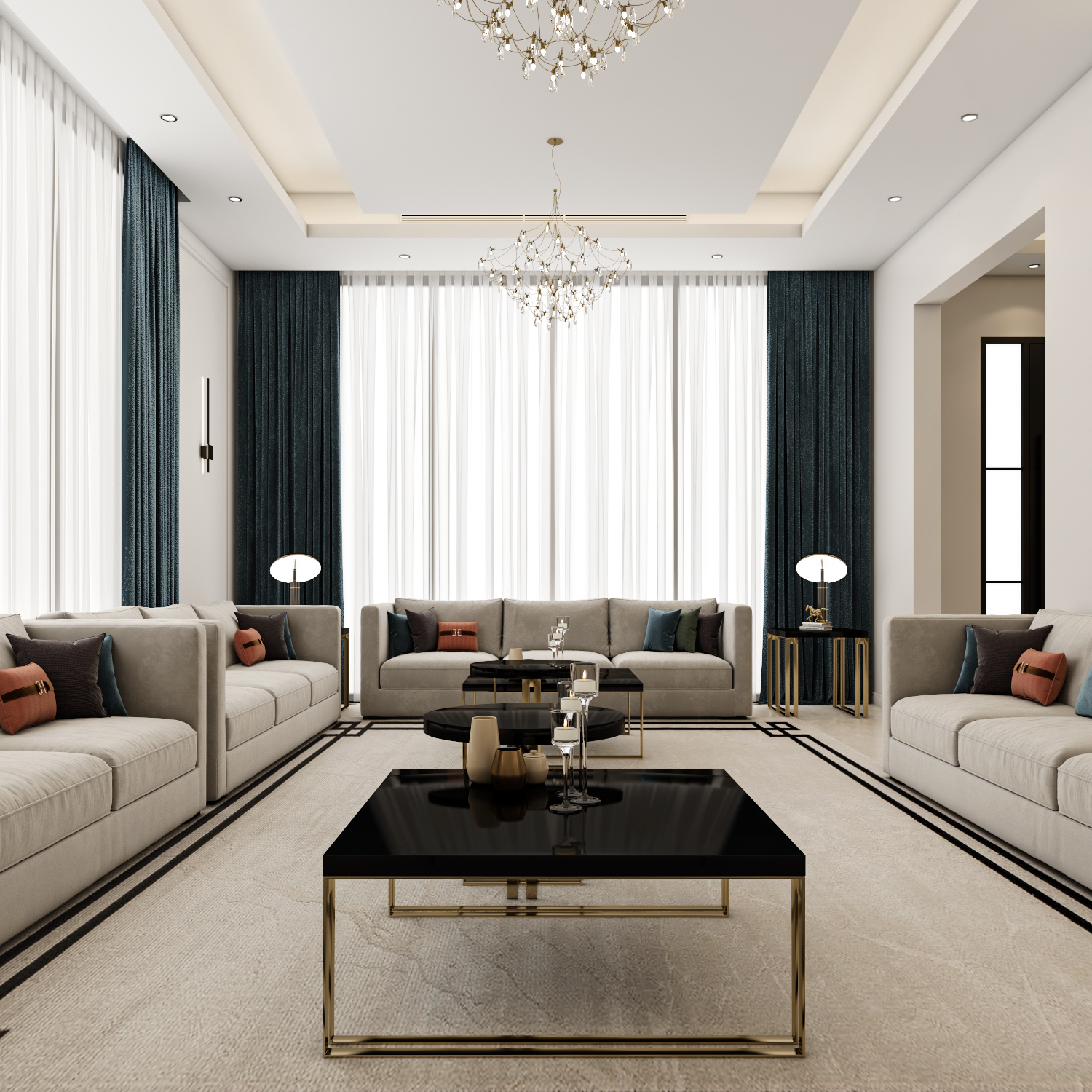 إطلالة بانورامية لمجلس استقبال واسع يجمع بين الرخام واللمسات الذهبية تصميم إيماج جروب