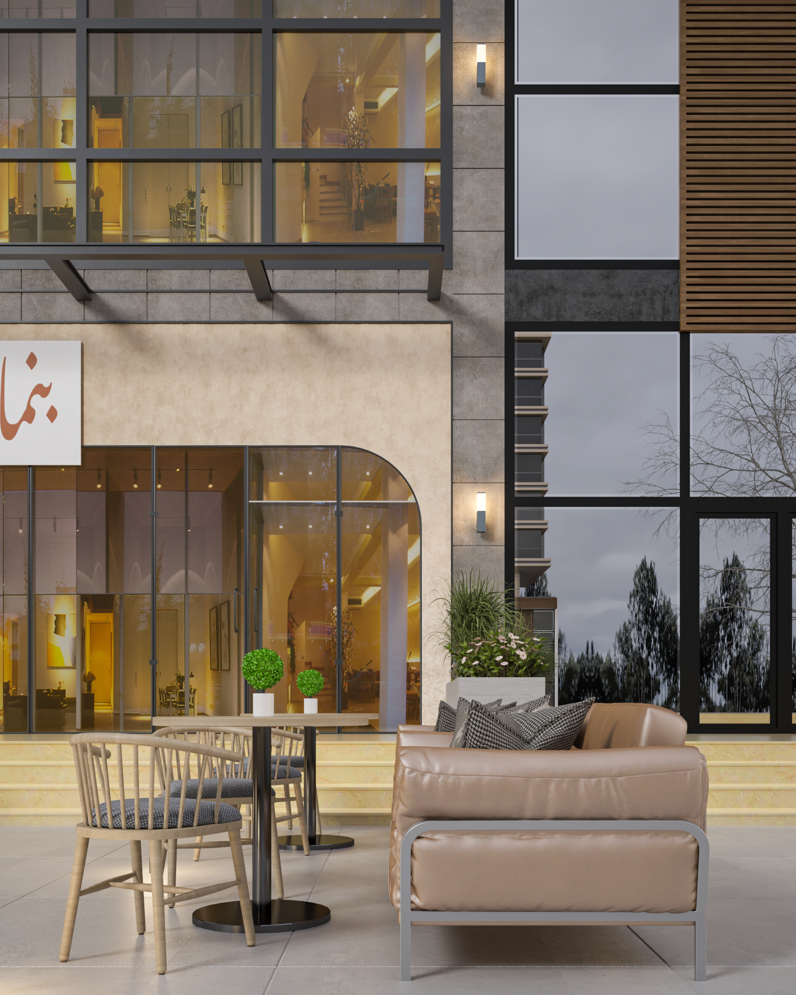 تفاصيل الأثاث الخارجي المريح وتنسيق النباتات في واجهة كافيه من إيماج جروب