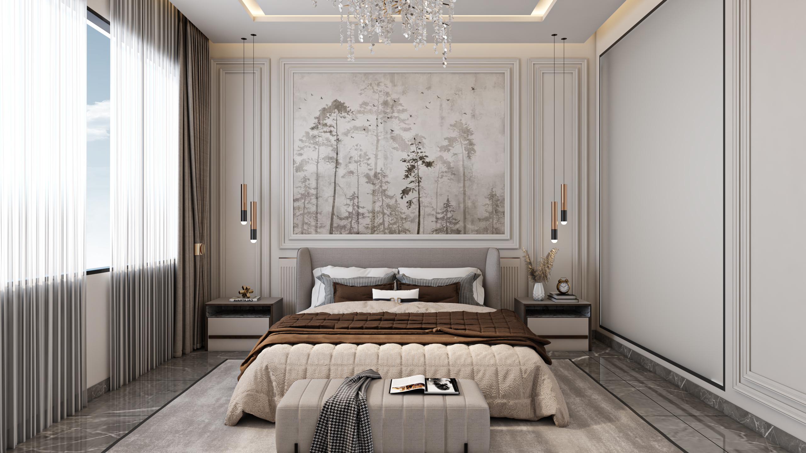 تصميم مودرن لغرفة نوم رئيسية فخمة مع بانوهات حائط كلاسيكية تنفيذ إيماج جروب