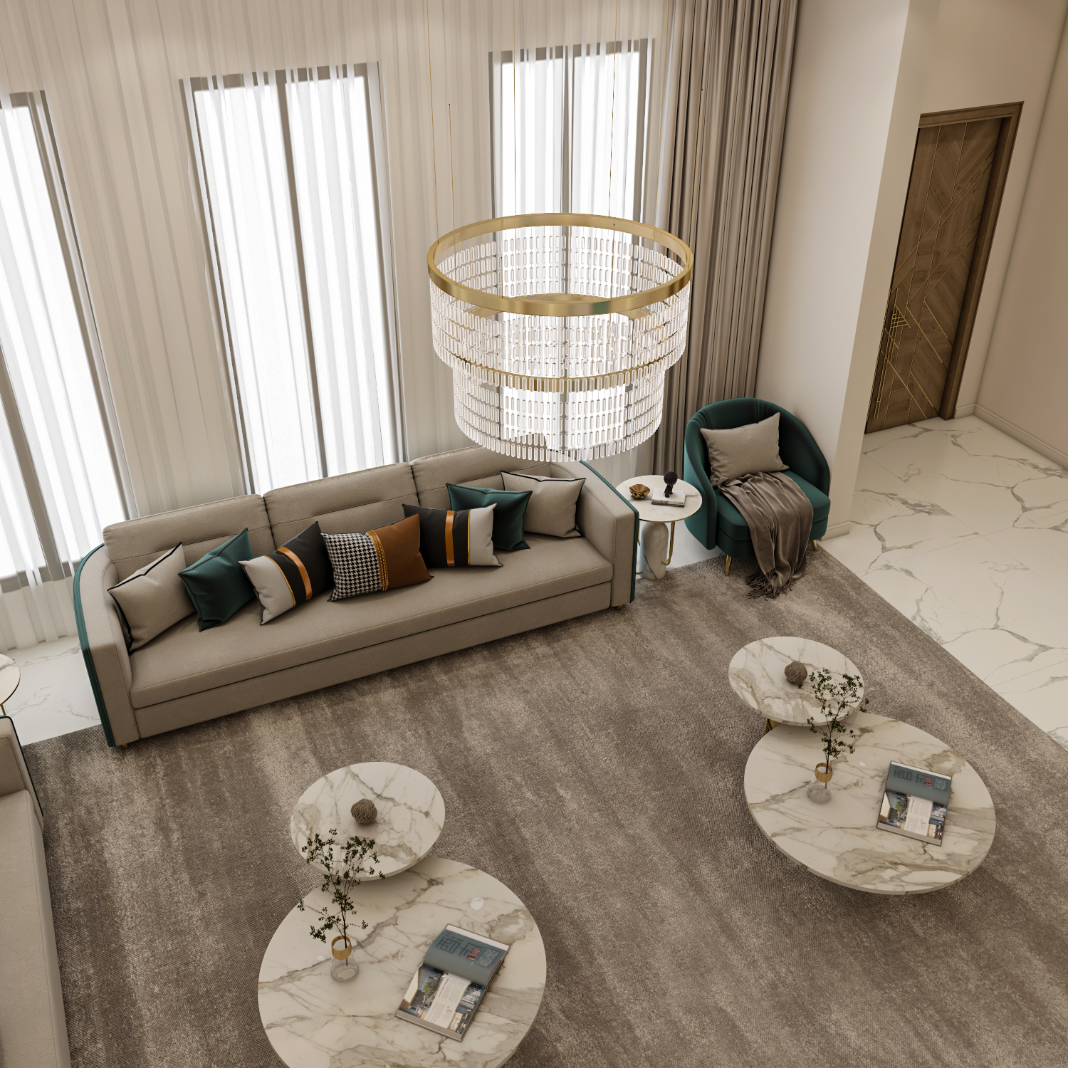 تصميم مجلس نسائي مودرن بلمسات ذهبية وثريا كريستال فاخرة تنفيذ إيماج جروب