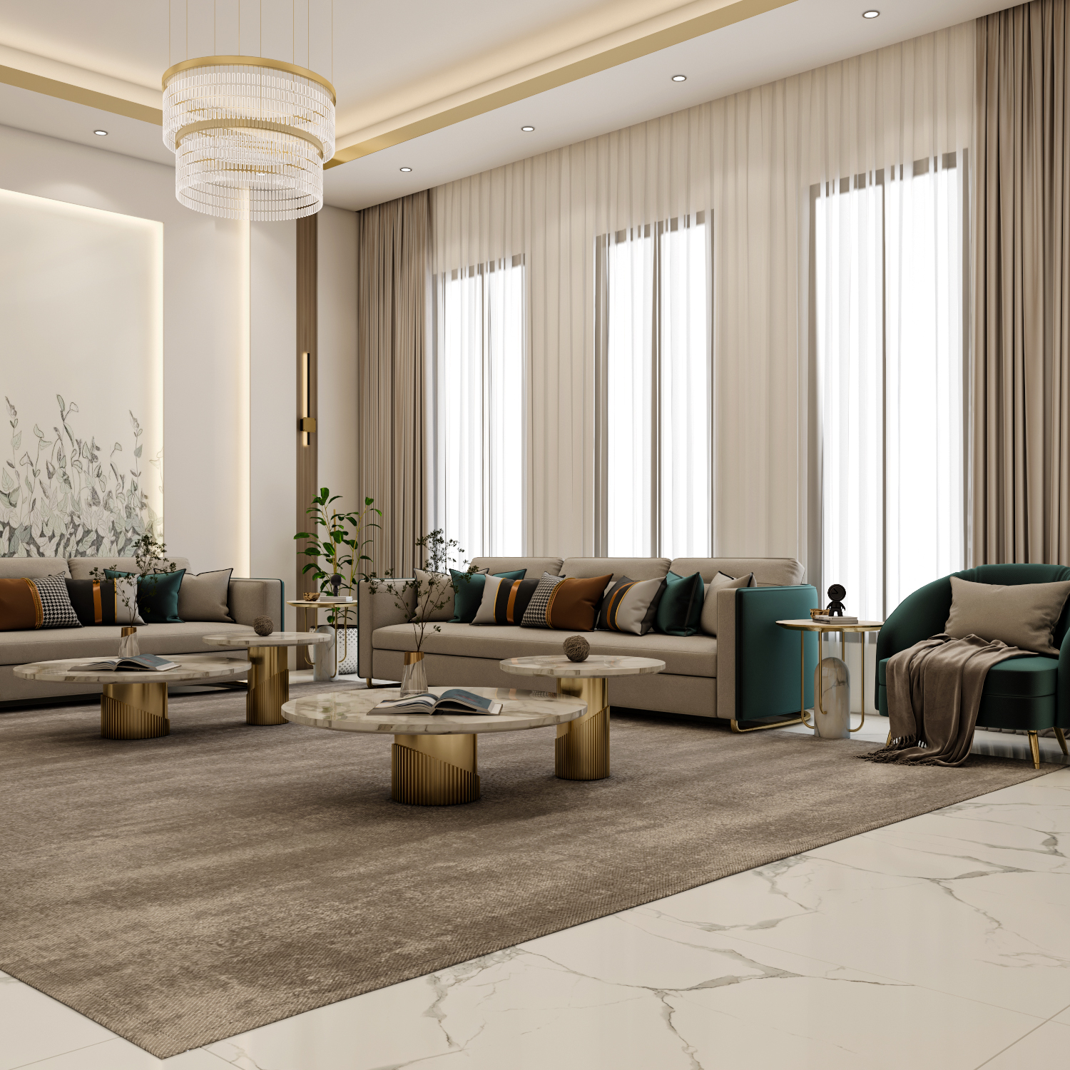 ديكور مجلس حريمي عصري بألوان بيج وزمردي مع طاولات رخامية من تصميم إيماج جروب