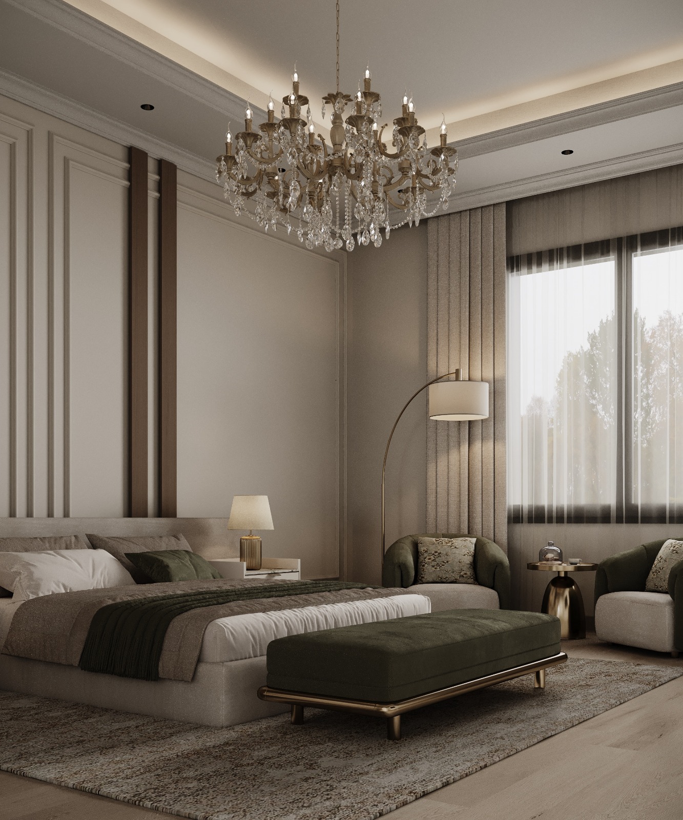 تصميم غرفة نوم رئيسية بلمسات فندقية فاخرة ونظام إضاءة ذكي تنفيذ إيماج جروب