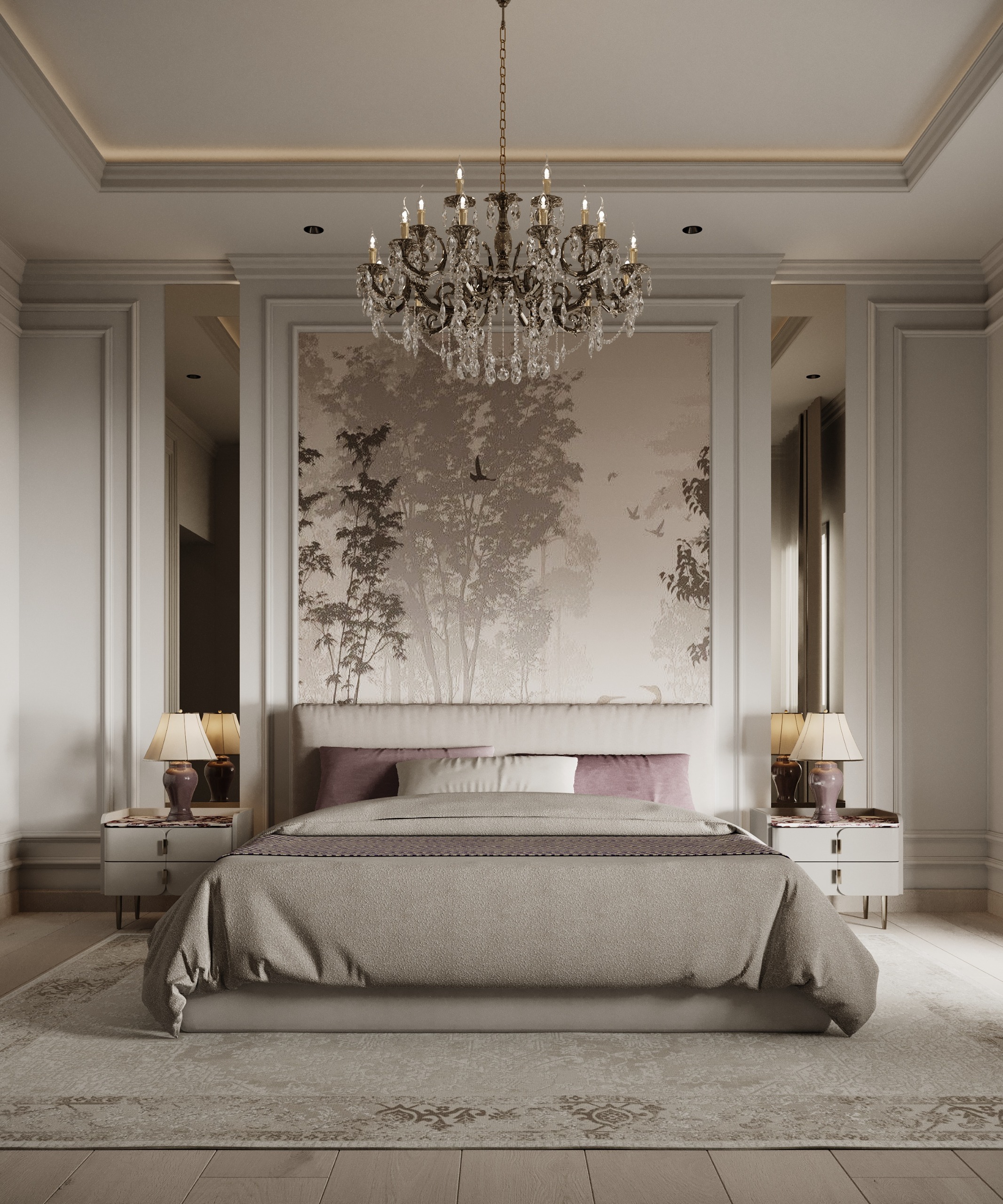 تصميم غرفة نوم رئيسية بظهر سرير قماشي وجدار فني طبيعي تنفيذ إيماج جروب