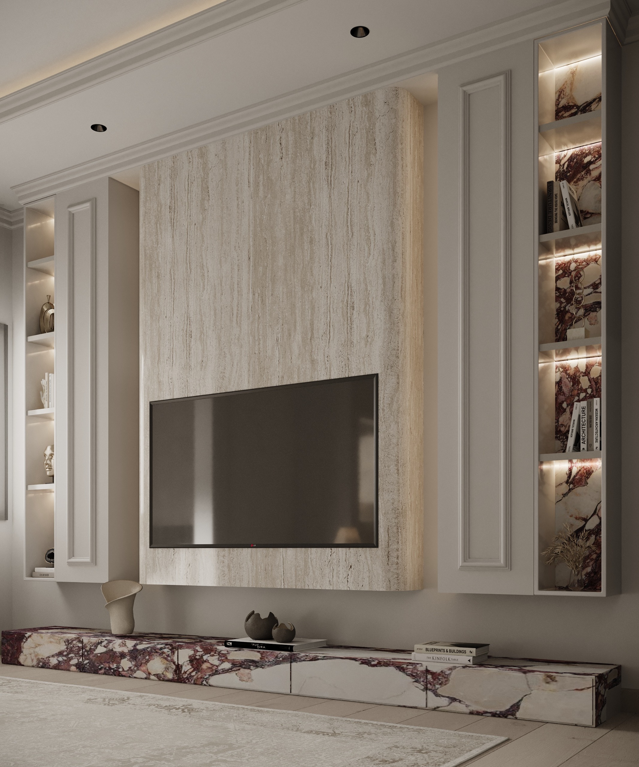 ديكور جدار التلفاز بالرخام الطبيعي والإضاءة المخفية تصميم إيماج جروب