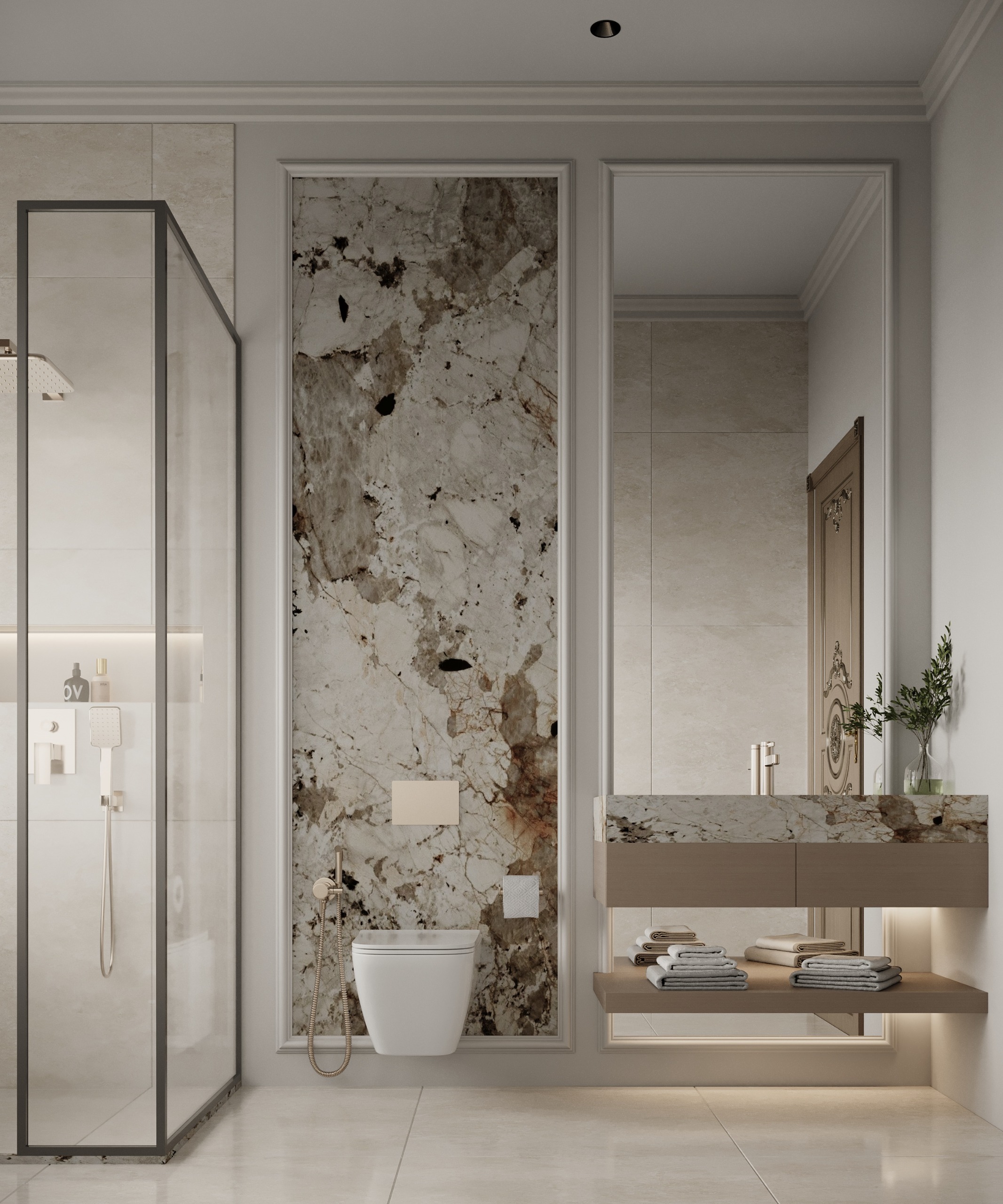 تصميم حمام مودرن يجمع بين الزجاج والرخام الطبيعي بلمسات إيماج جروب