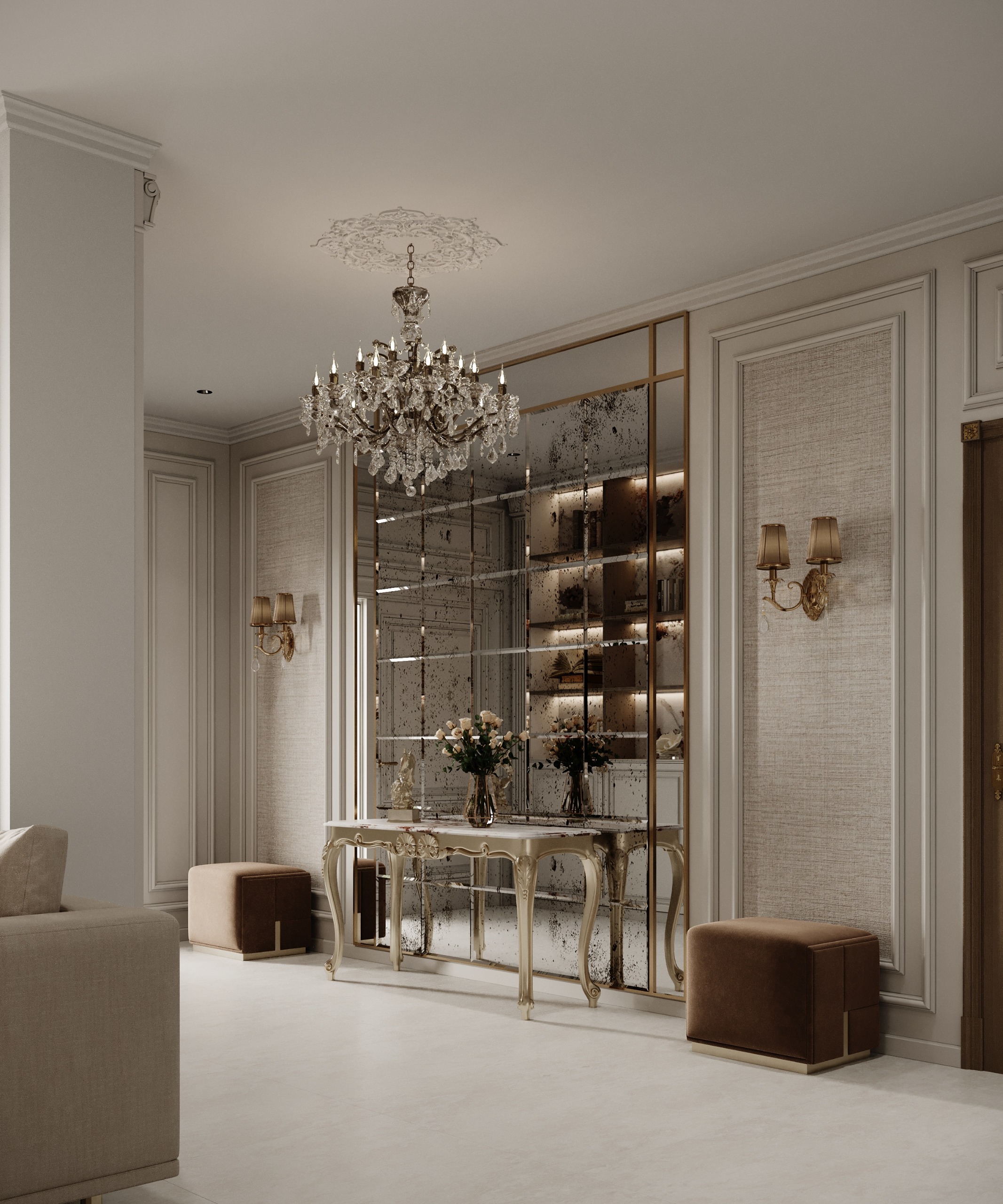 تنسيق طاولة طعام رخامية مع كراسي مخملية في مساحة مفتوحة تصميم إيماج جروب