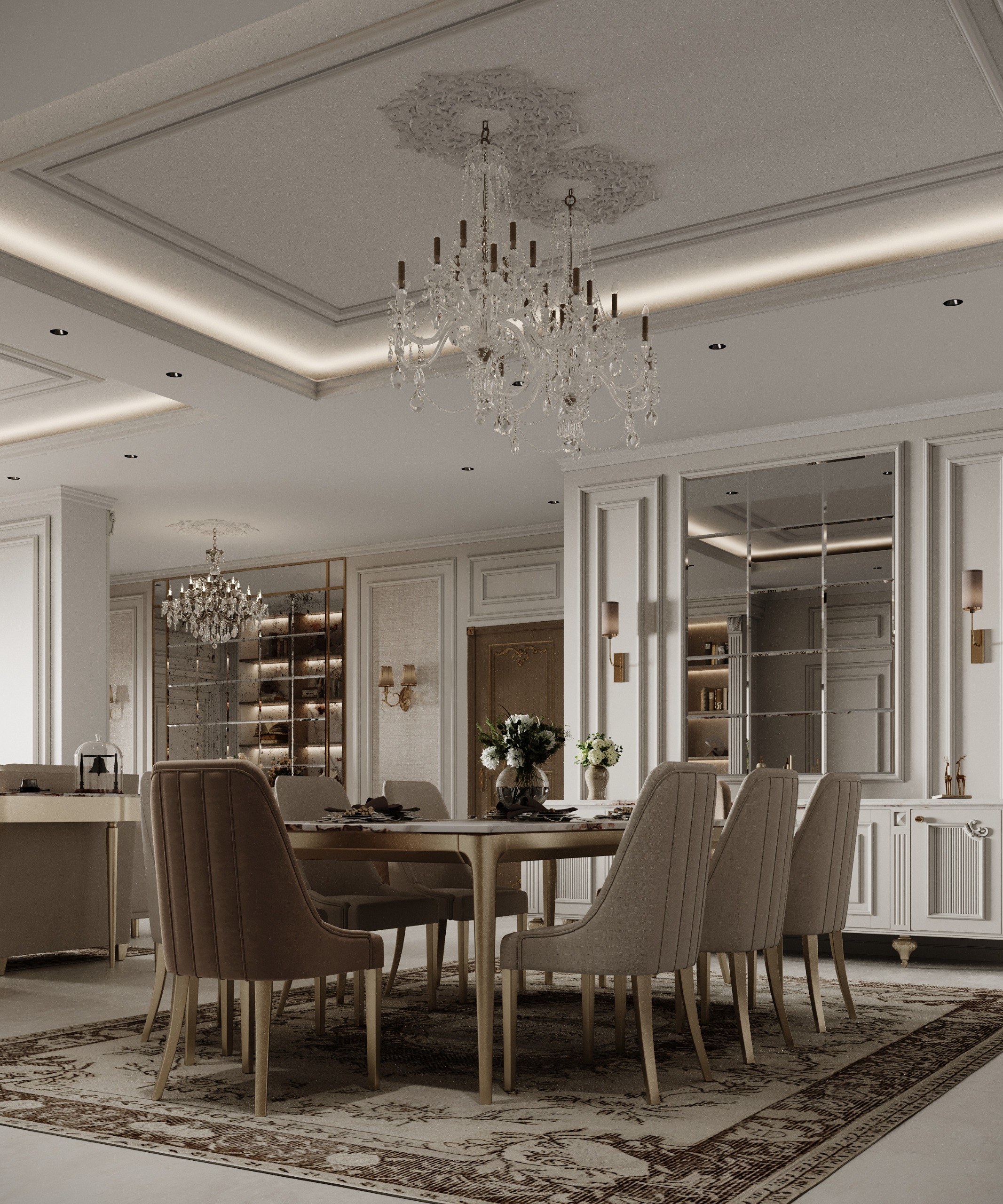 تصميم غرفة طعام نيو كلاسيك فخمة مع ثريات كريستال تنفيذ إيماج جروب