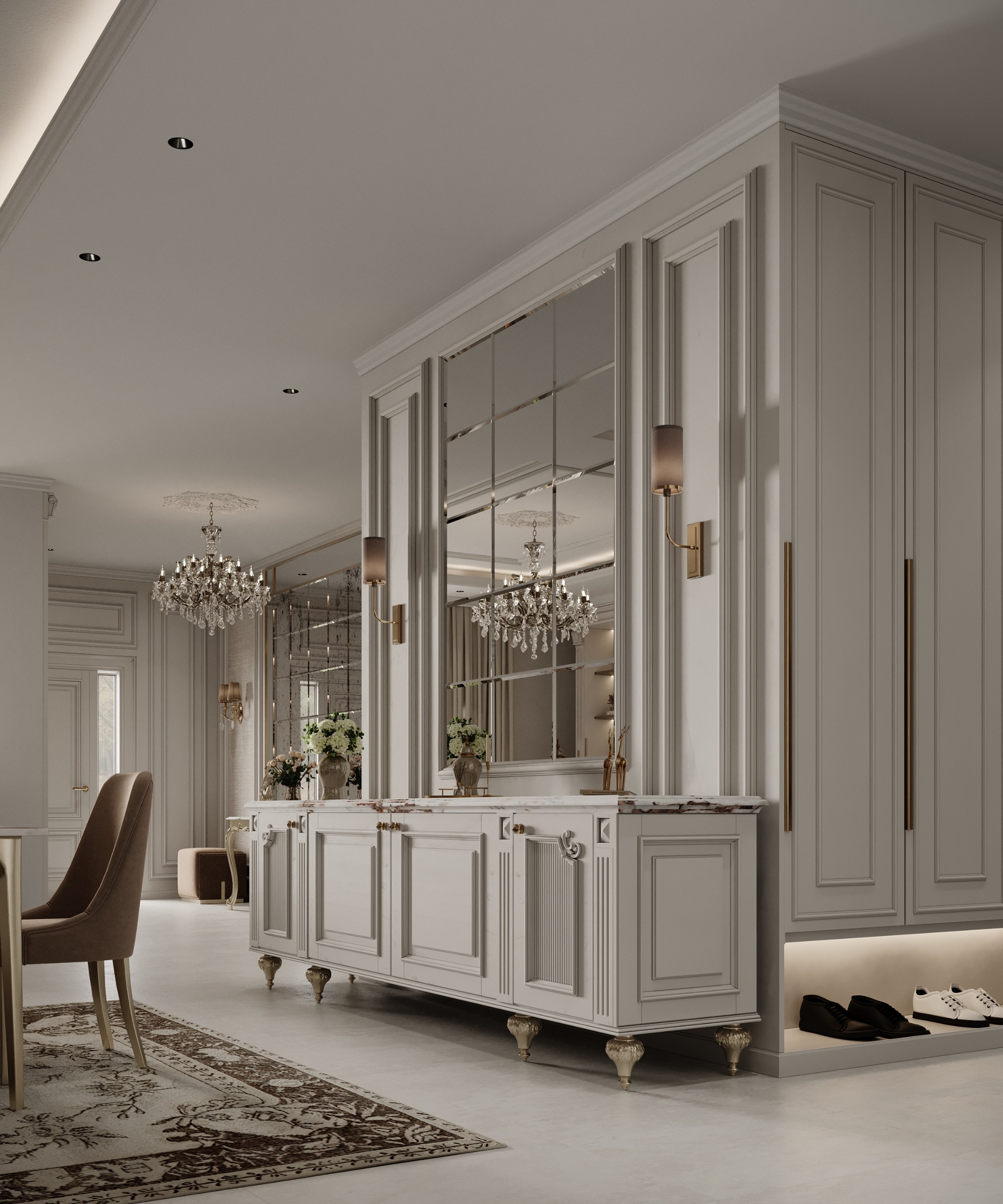 تصميم بوفيه مودرن كلاسيك مع مرايا جدارية لإعطاء اتساع للمساحة إيماج جروب