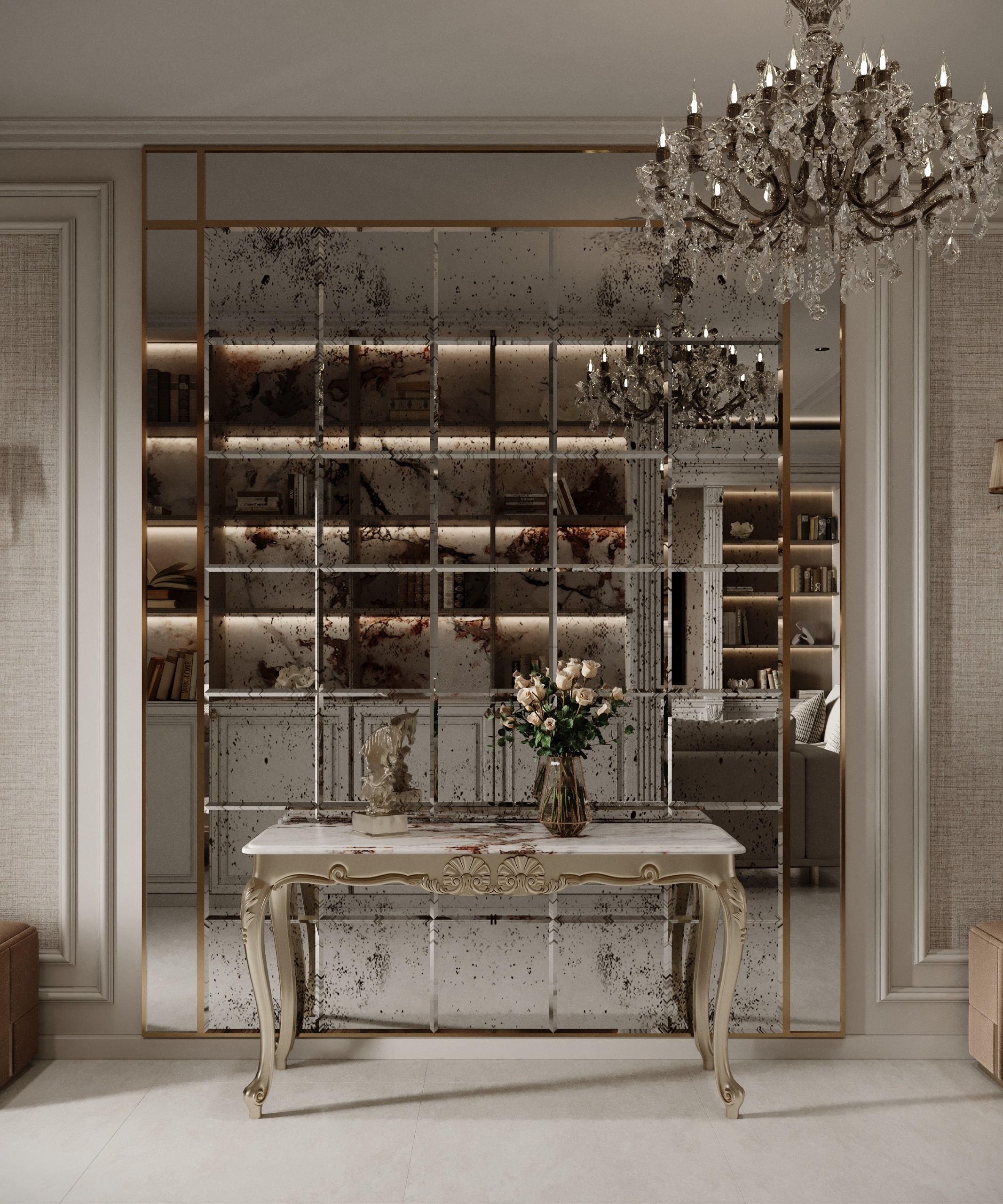 استخدام المرايا المعتقة والكونسول المذهب في مدخل المنزل تصميم إيماج جروب