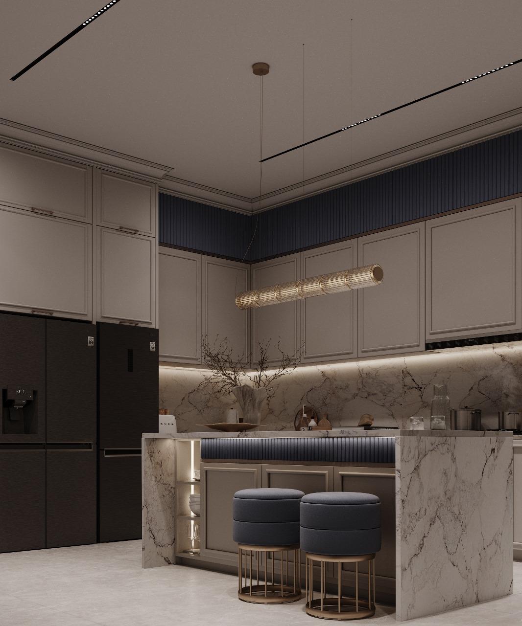 تصميم مطبخ مودرن مع جزيرة رخامية وإضاءة مسارات تنفيذ إيماج جروب