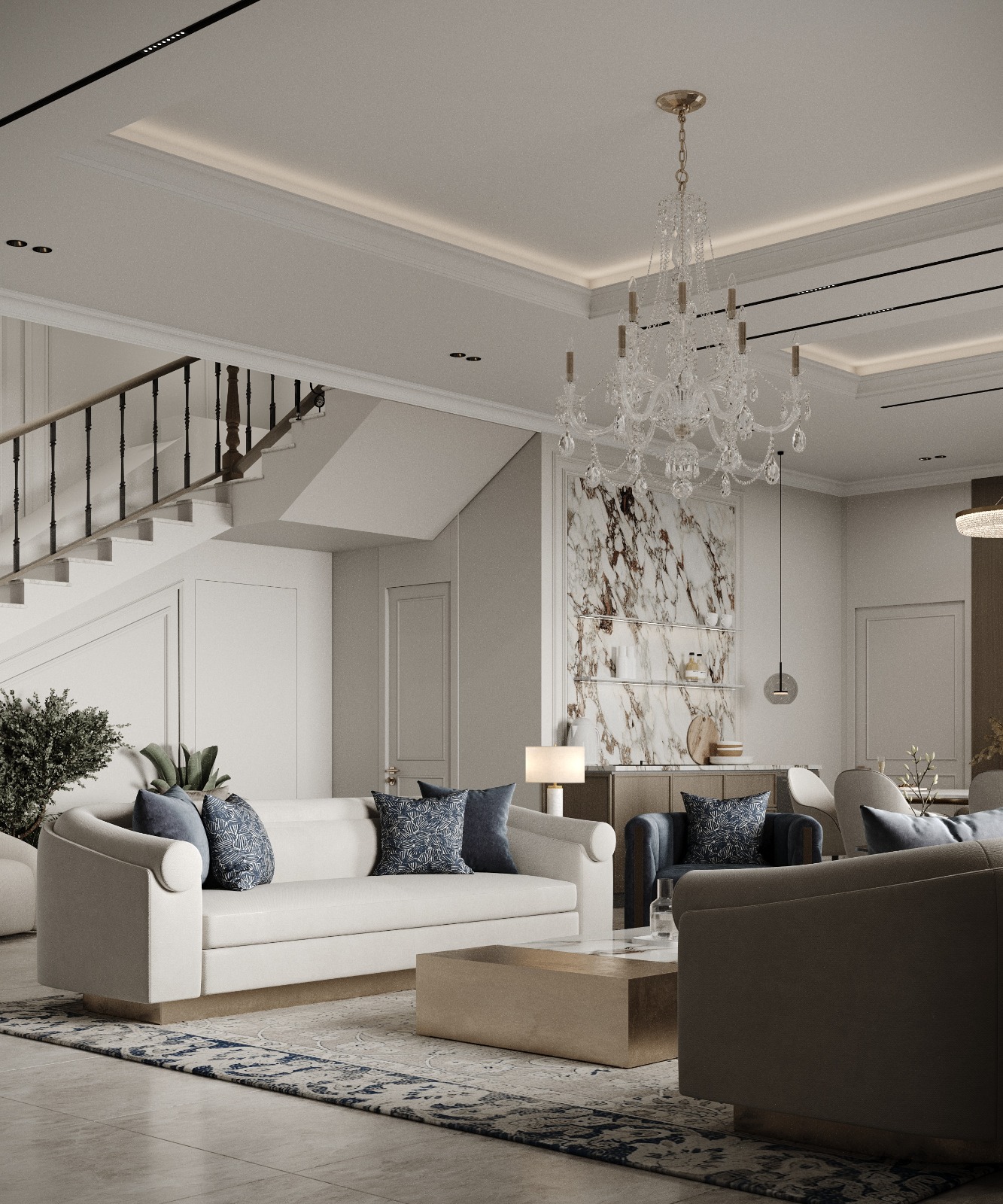 تصميم صالة معيشة مفتوحة مع أثاث فاخر وإضاءة ثريا كريستال إيماج جروب