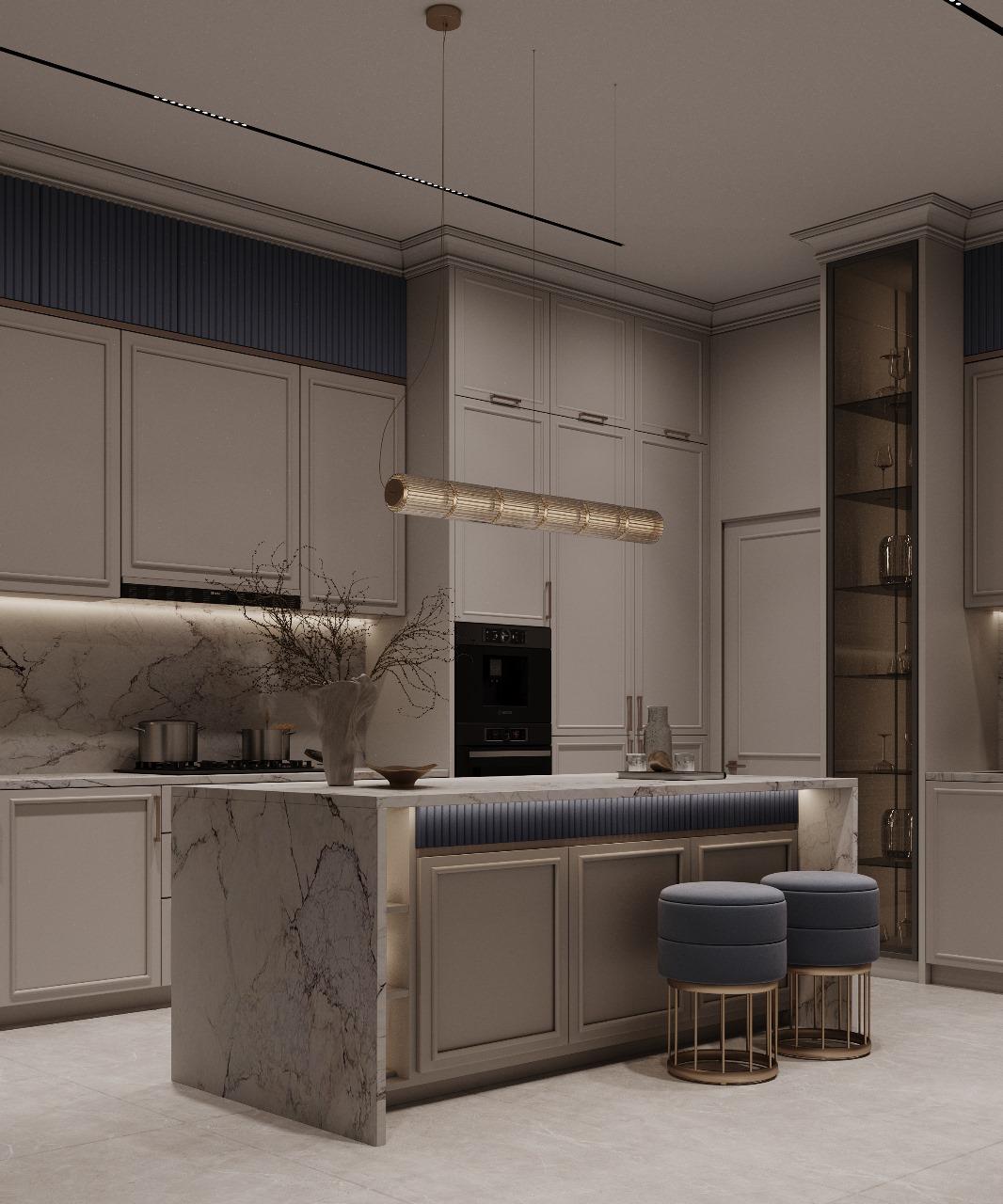تصميم داخلي للمطبخ يجمع بين الخشب والرخام بأسلوب إيماج جروب