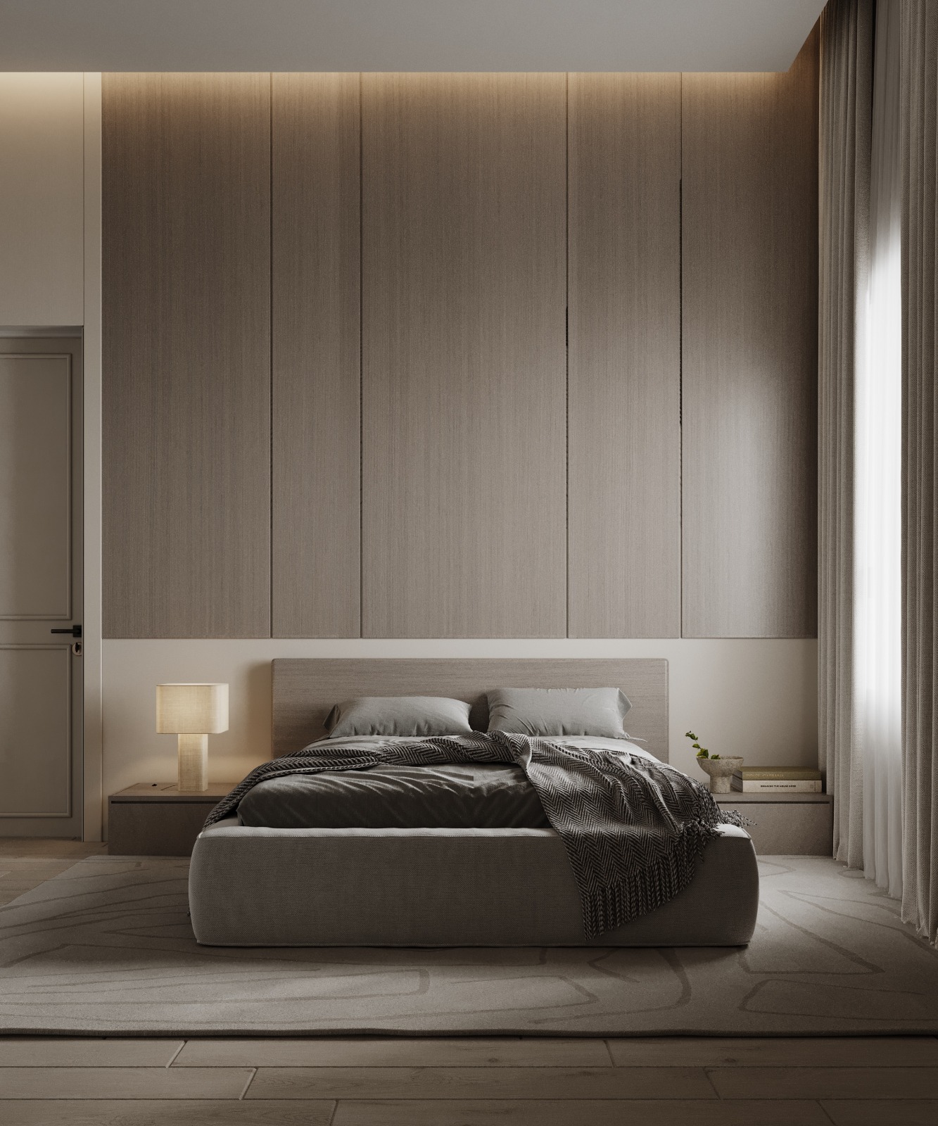تصميم سرير مودرن مع تكسيات جدارية خشبية دافئة تنفيذ إيماج جروب
