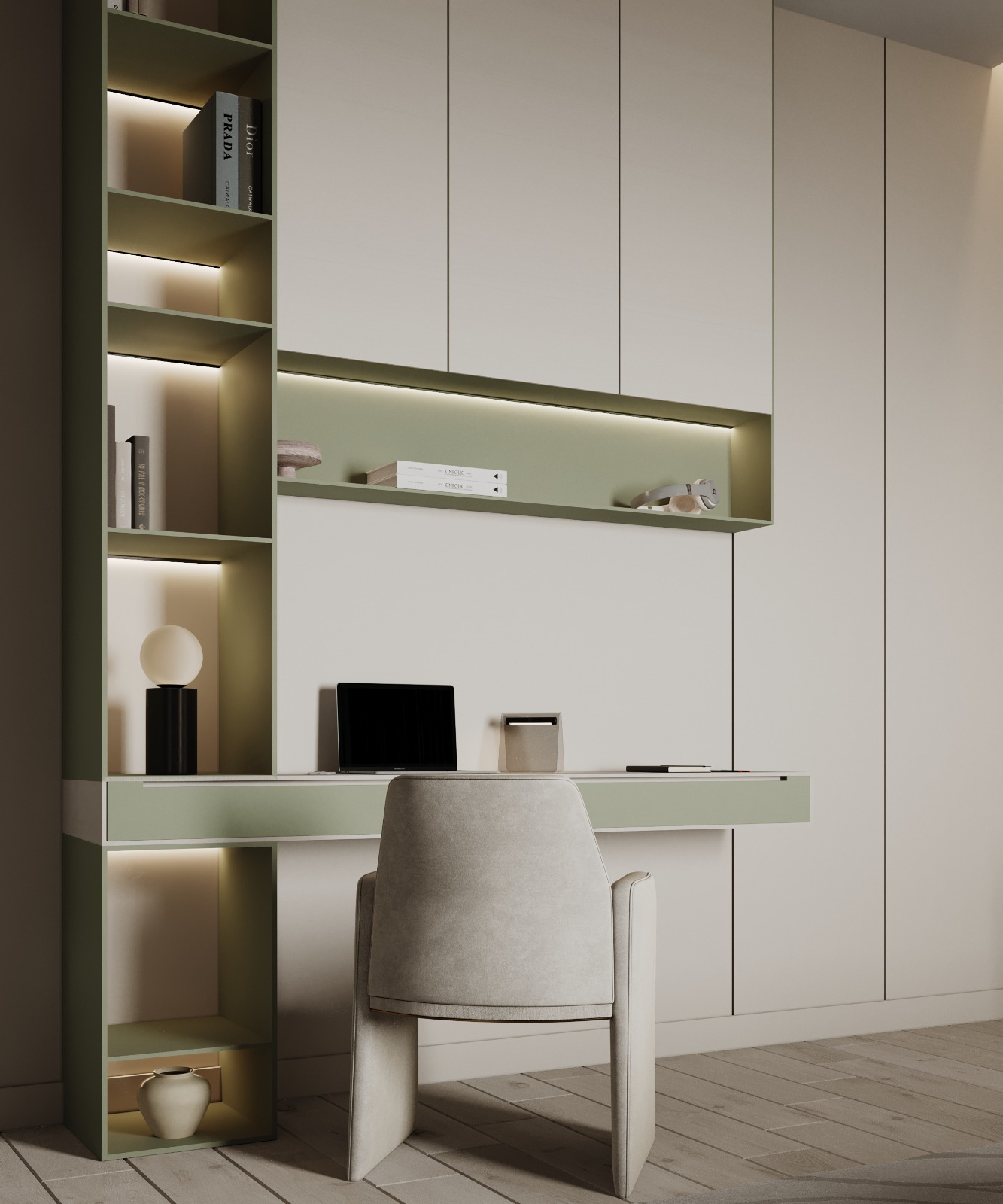تصميم مكتب منزلي ذكي باللون الأخضر المريمي مع وحدات تخزين تنفيذ إيماج جروب