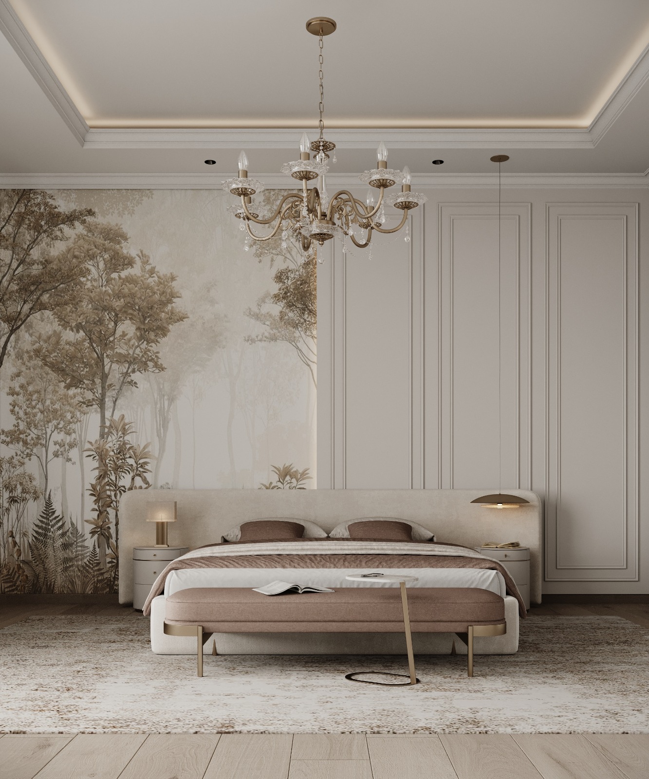 غرفة نوم نيو كلاسيك مع ورق حائط طبيعي وثريا كريستال فاخرة تنفيذ إيماج جروب