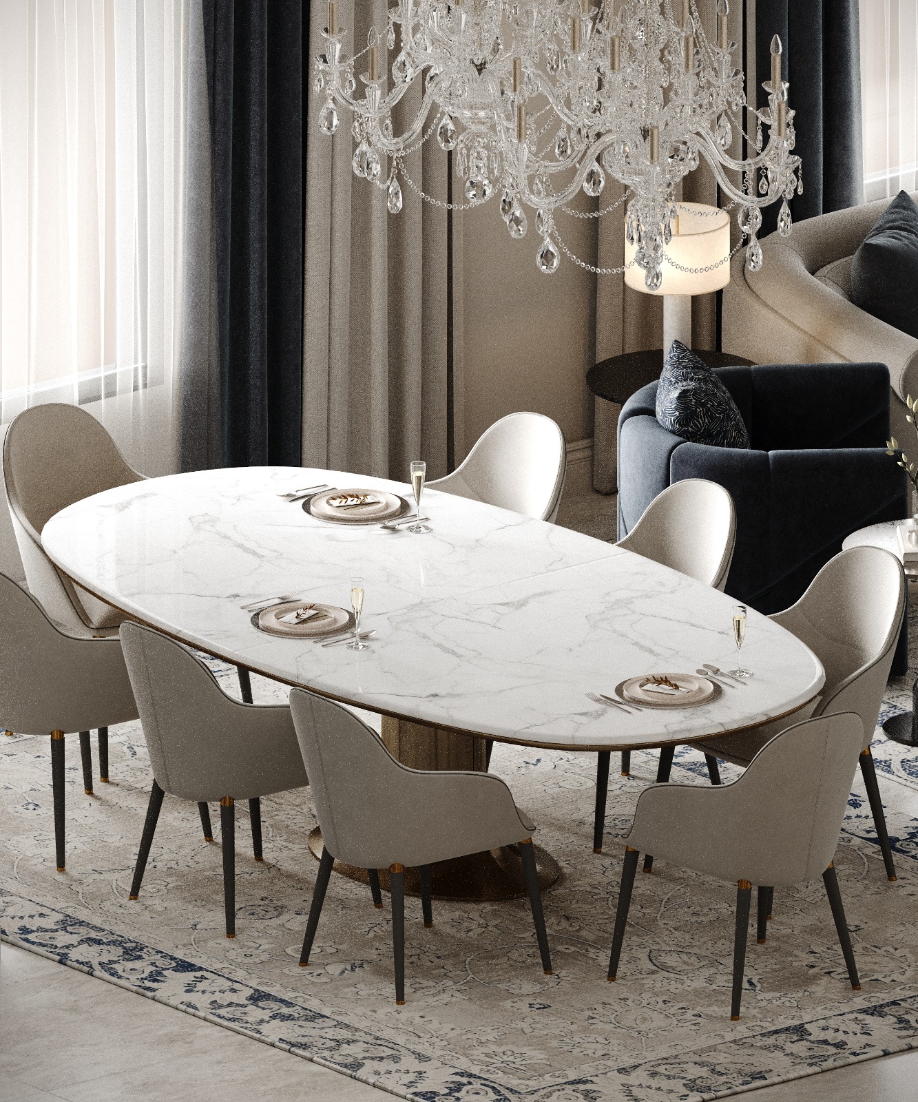 طاولة طعام رخامية فخمة بتصميم بيضاوي مع كراسي مودرن تنفيذ إيماج جروب