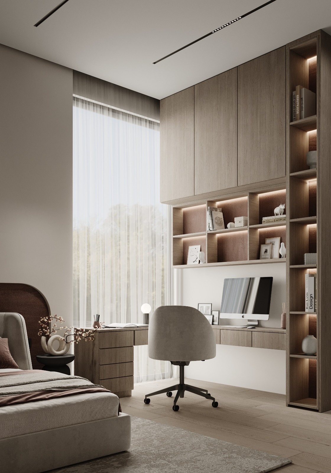 وحدات أرفف خشبية مضيئة ومنطقة عمل متكاملة من تنفيذ إيماج جروب