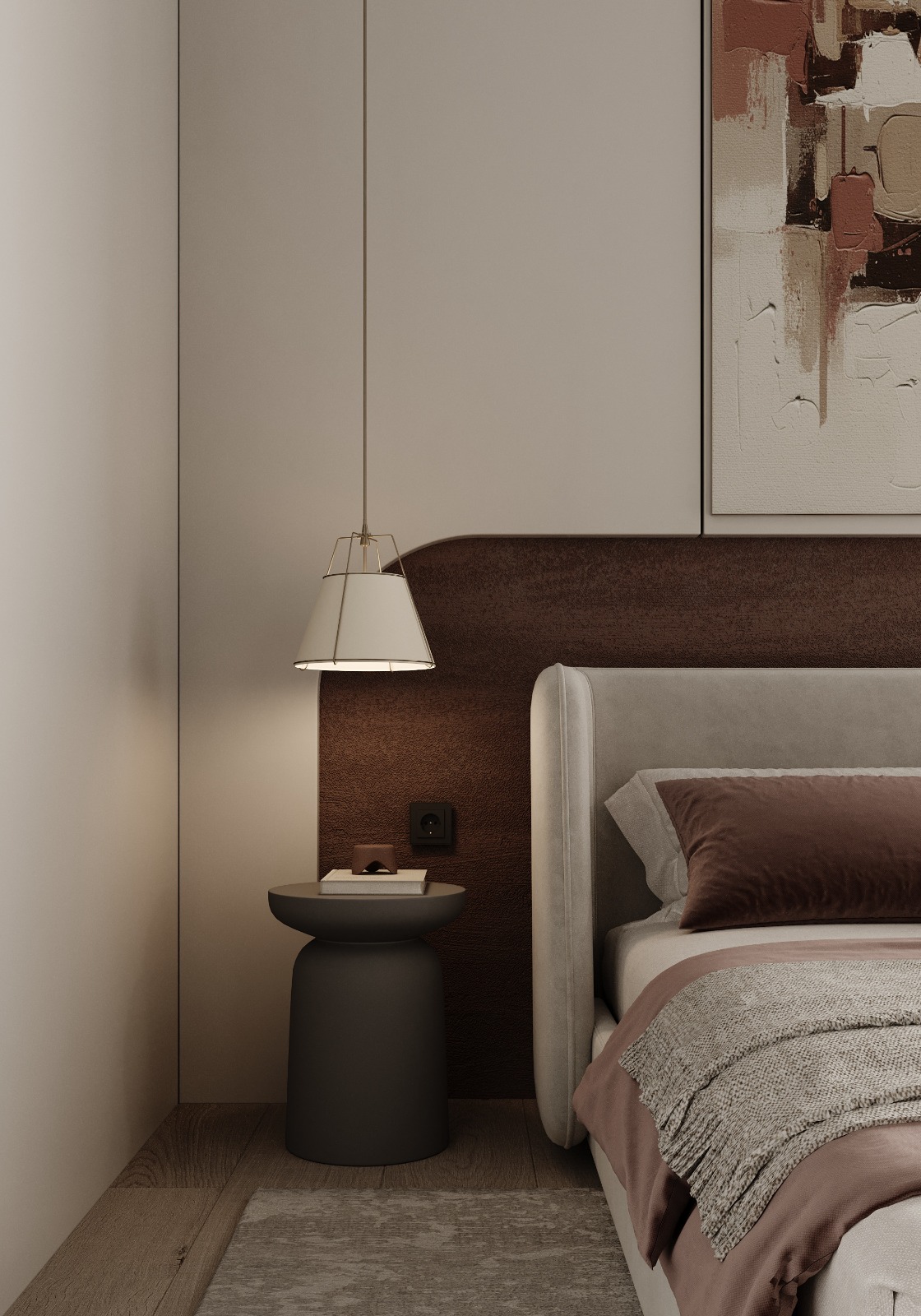 تفاصيل ركن السرير مع إضاءة جانبية وتكسيات جدارية مخملية إيماج جروب