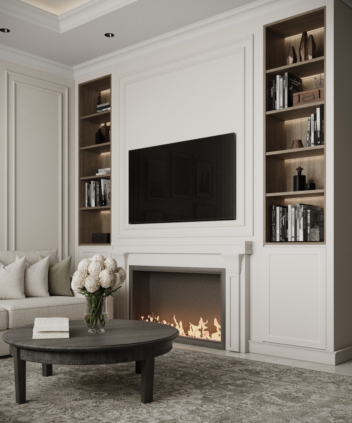 تصميم جدار التلفاز مع مدفأة عصرية وأرفف كتب مدمجة تنفيذ إيماج جروب