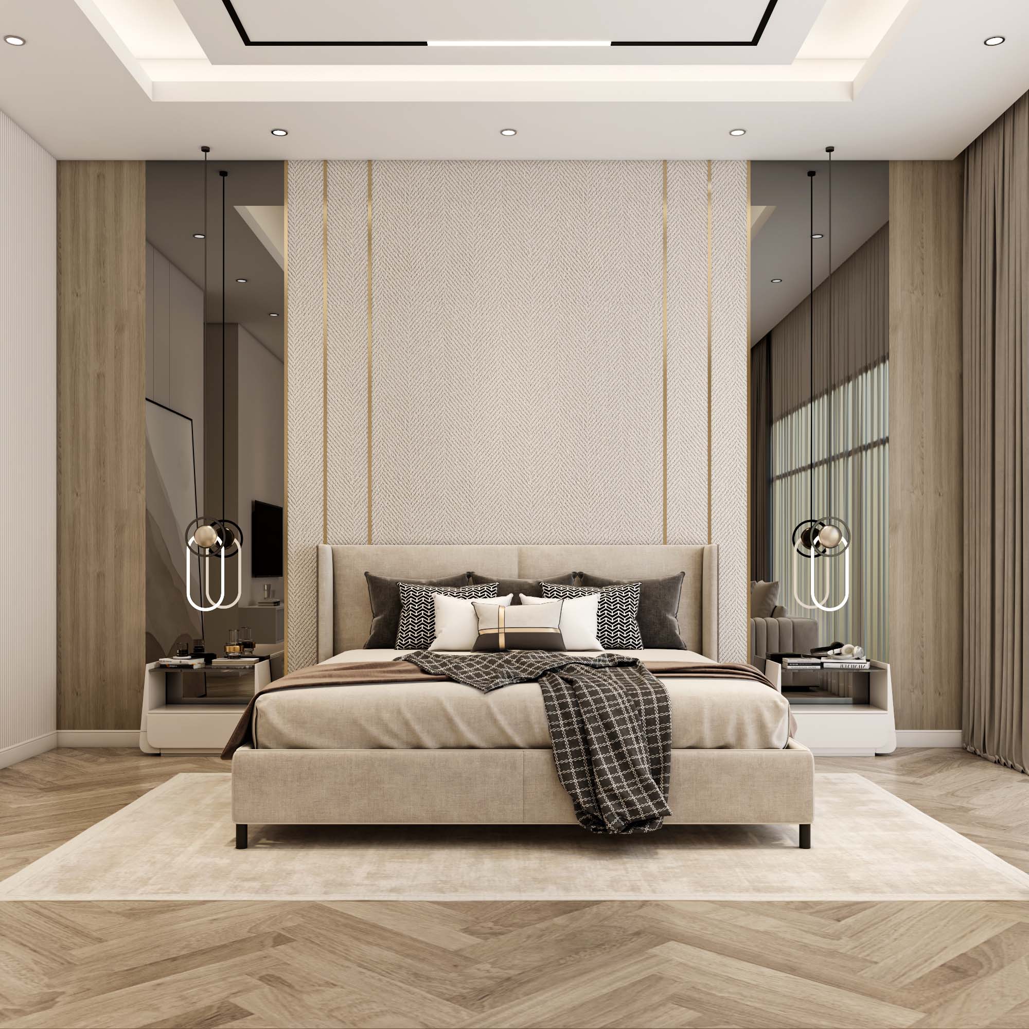 تصميم غرفة نوم مودرن كلاسيك مع خلفية سرير مقوسة من تصميم إيماج جروب