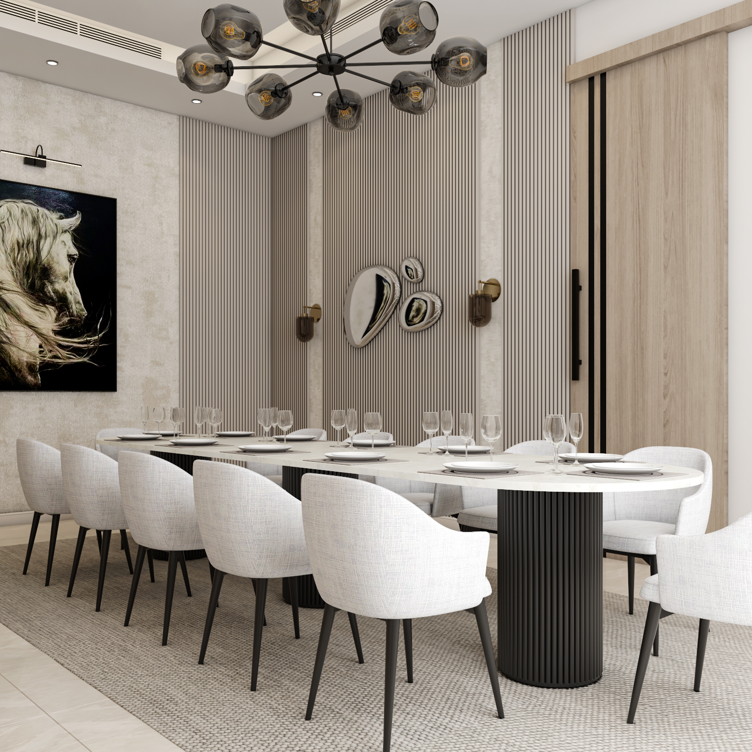 ديكورات جدران خشبية مضلعة مع لوحة فنية لغرفة طعام راقية - إيماج جروب للتصميم الداخلي