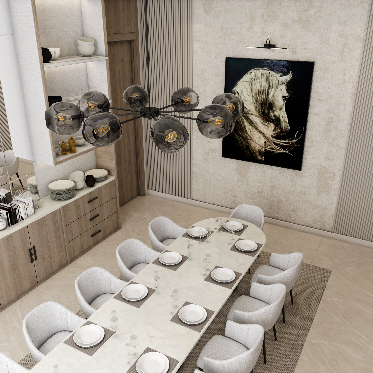 تنسيق طاولة طعام رخامية ضخمة ونجفة مودرن بتصميم هندسي - شركة إيماج جروب