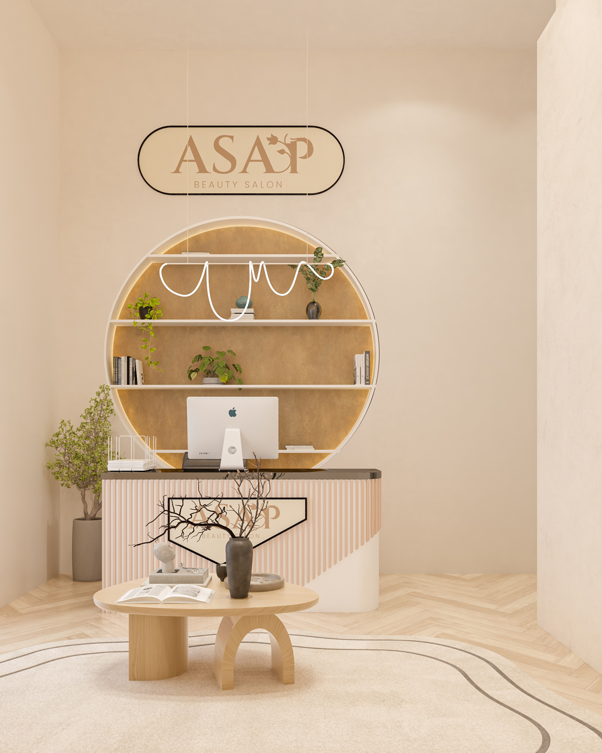 تصميم هوية بصرية وديكور داخلي لمركز تجميل مع رفوف عرض دائرية - شركة إيماج جروب