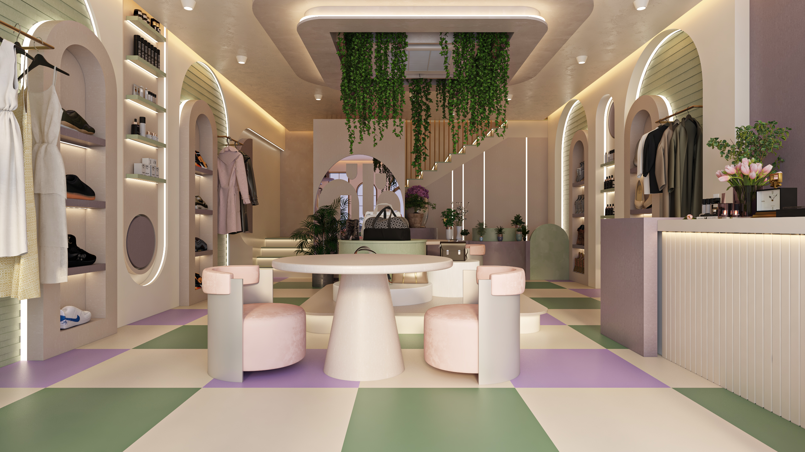 تصميم داخلي لمحل ملابس واكسسوارات مع أرفف عرض مدمجة داخل أقواس جدارية وإضاءة مخفية