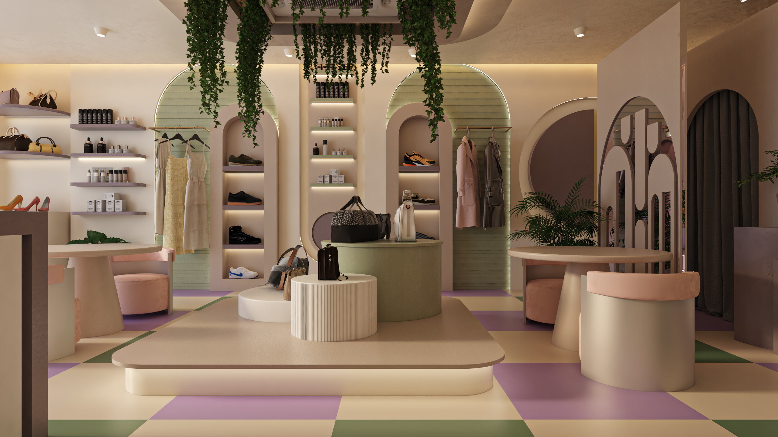 منطقة جلسات انتظار فاخرة بكراسي مخملية وردية وأرضية شطرنجية ملونة بتصميم عصري