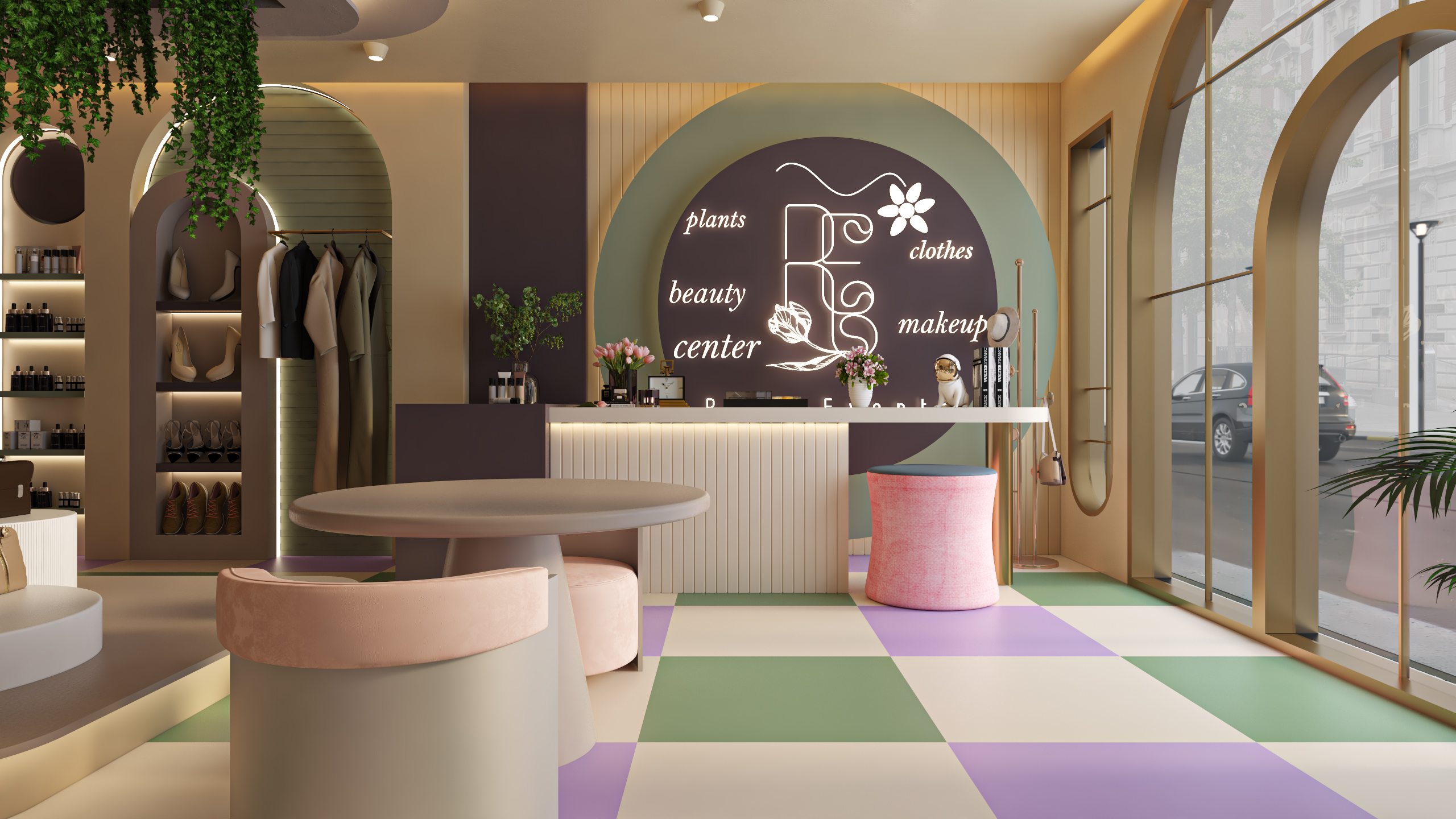 ديكور سقف مودرن مع نباتات متدلية وإضاءة طبيعية في محل Rose Events