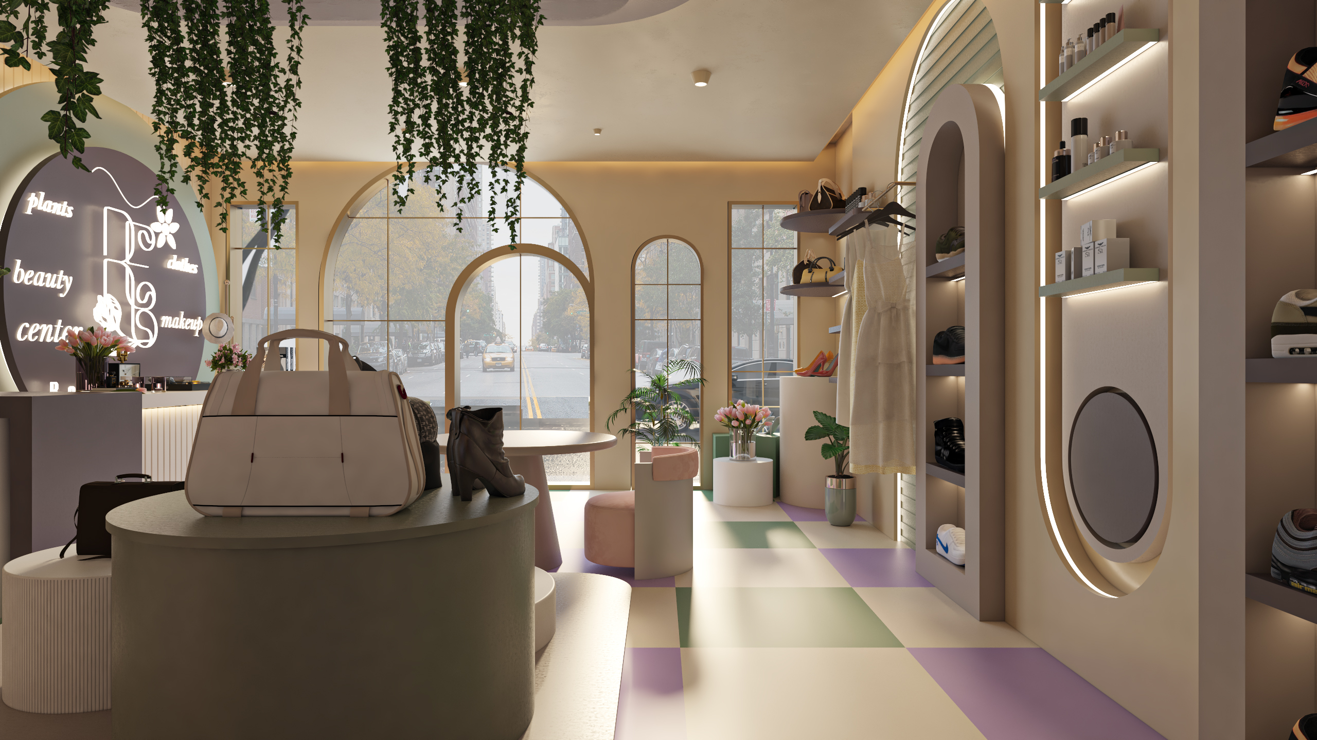 منصات عرض مركزية للحقائب والأحذية بتصاميم هندسية وألوان باستيل متناغمة