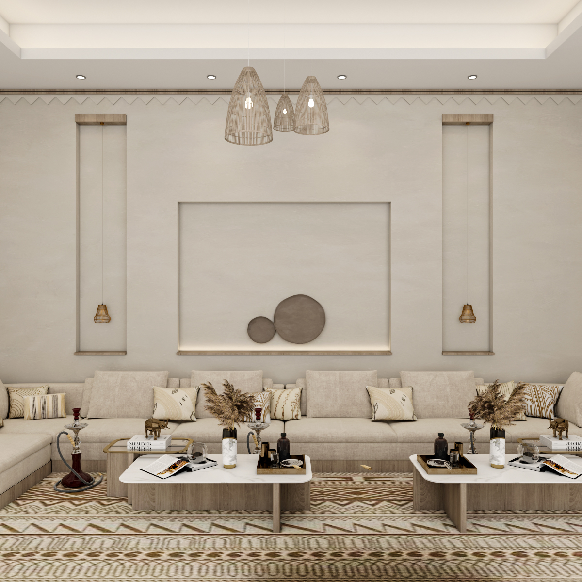 تفاصيل الديكور الداخلي لديوانية عصرية مع مكرميات جدارية ونجفات خيزران من إيماج جروب