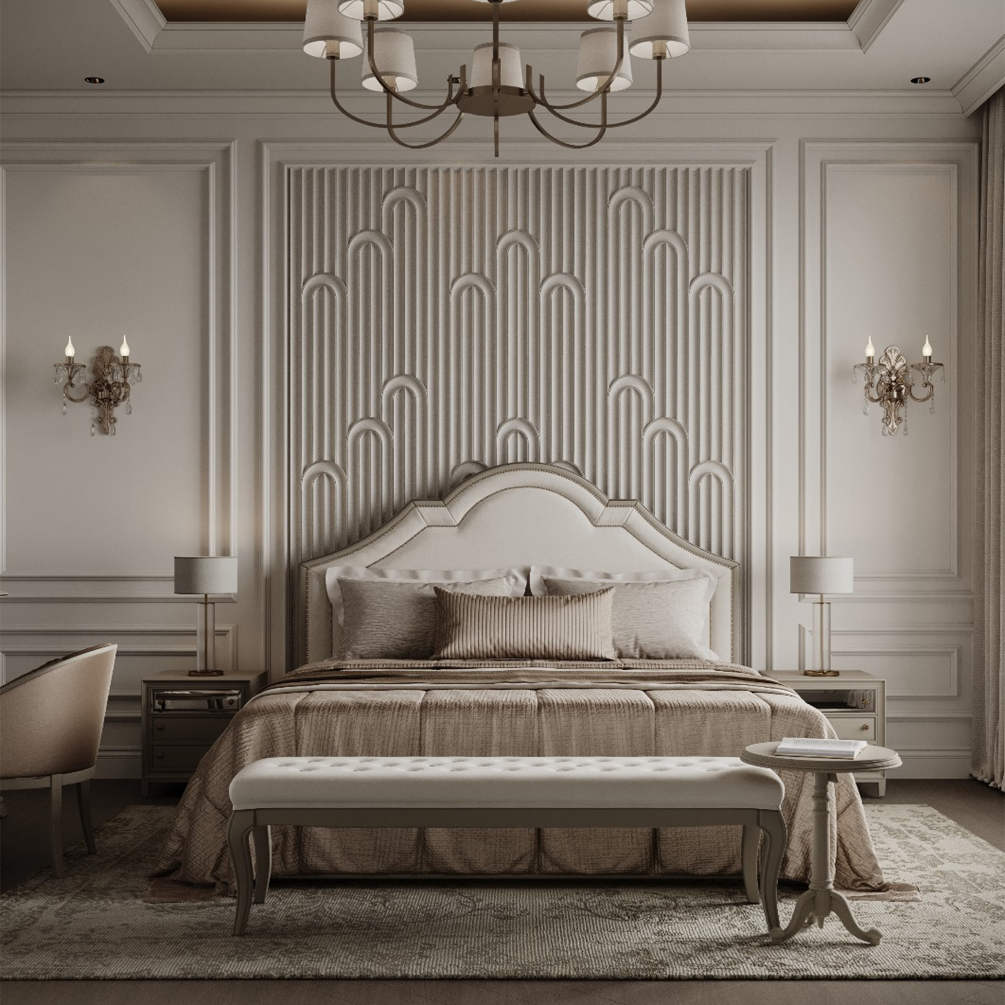 تصميم غرفة نوم مودرن كلاسيك مع خلفية سرير مقوسة من تصميم إيماج جروب