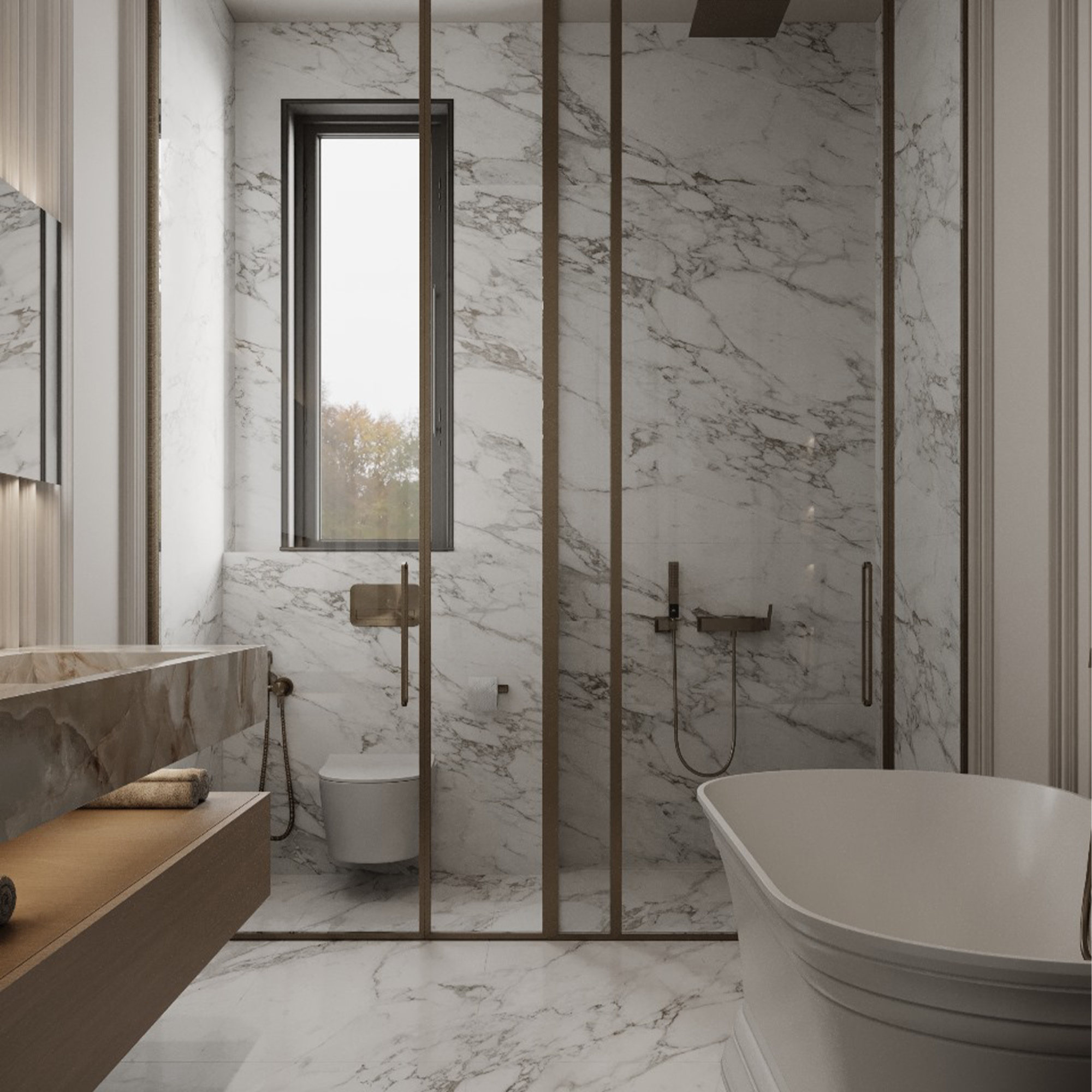 تصميم منطقة استحمام مع بانيو مستقل وجدران رخامية من إيماج جروب