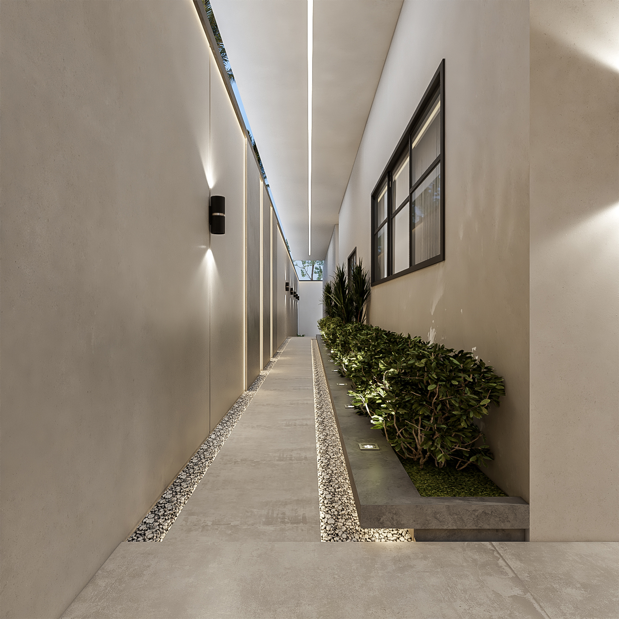 تصميم ممر خارجي مودرن مع أحواض نباتات وإضاءة جدارية بتنفيذ إيماج جروب