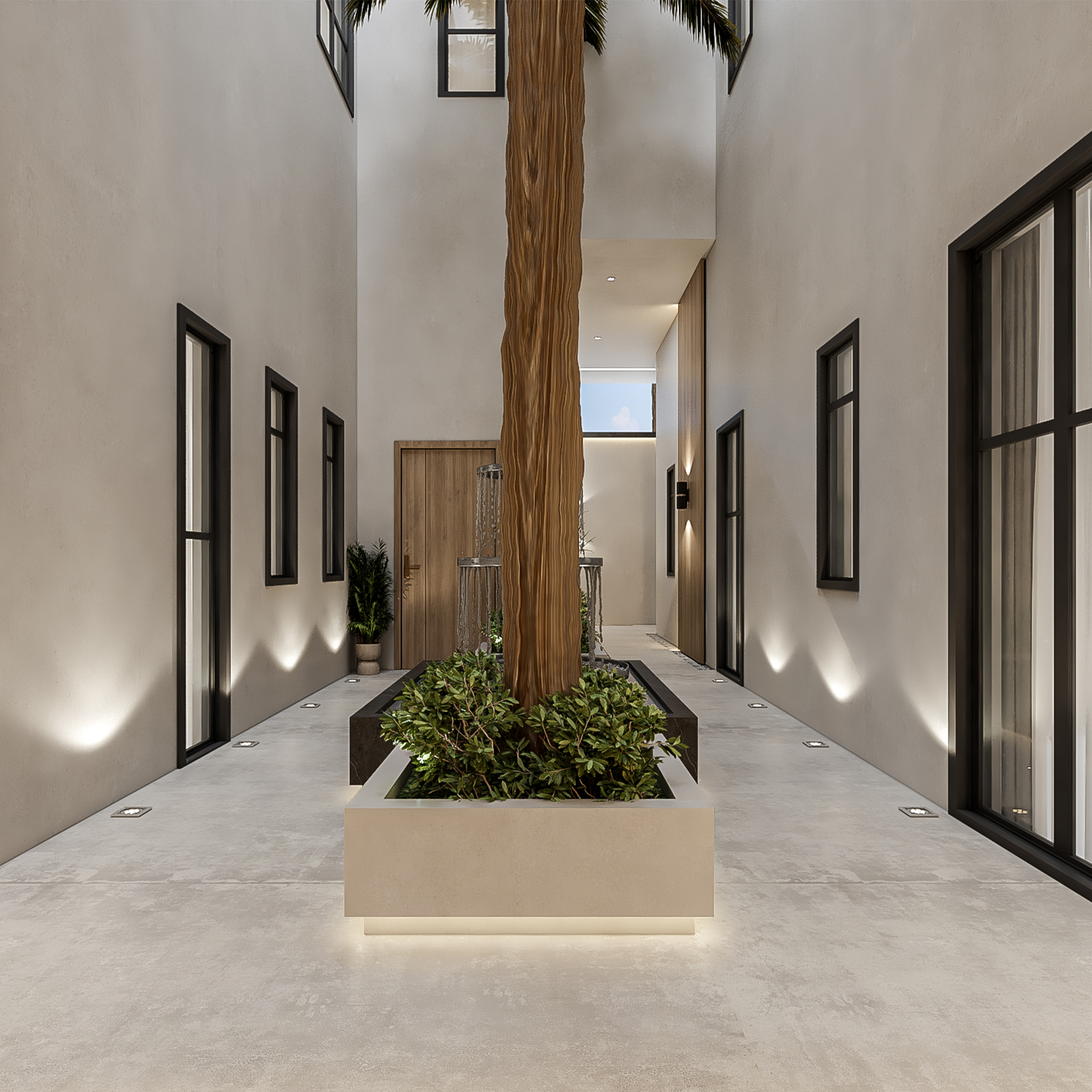 تصميم غرفة معيشة مودرن بواجهات زجاجية مطلة على اللاندسكيب - إيماج جروب