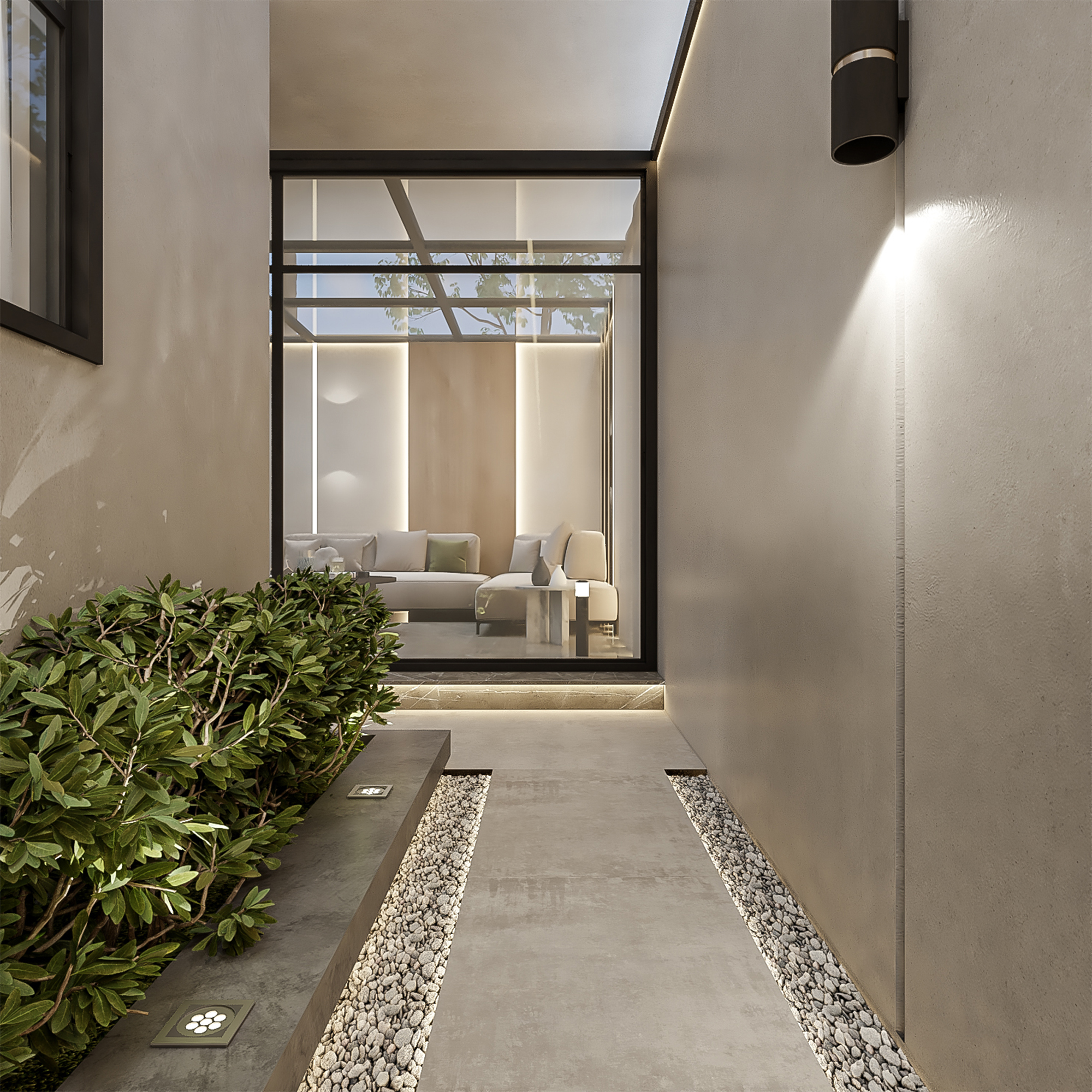 تنسيق حدائق منزلية داخلية مع نخلة شاهقة وإضاءة أرضية مخفية